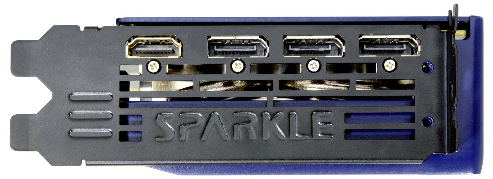 'SPARKLE' Markenname auf Rückseite einer Grafikkarte mit mehreren HDMI-Anschlüssen, zeigt technische Anschlussmöglichkeiten.