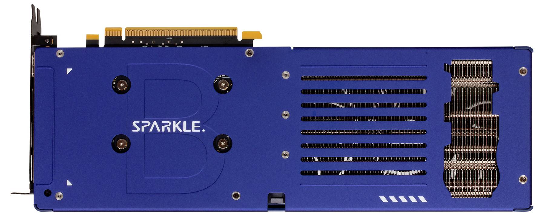 Eine blaue Grafikkarte von Sparkle mit einem Kühlsystem und Lüftungsschlitzen, geeignet für Computer zur Bild- und Grafikverarbeitung.