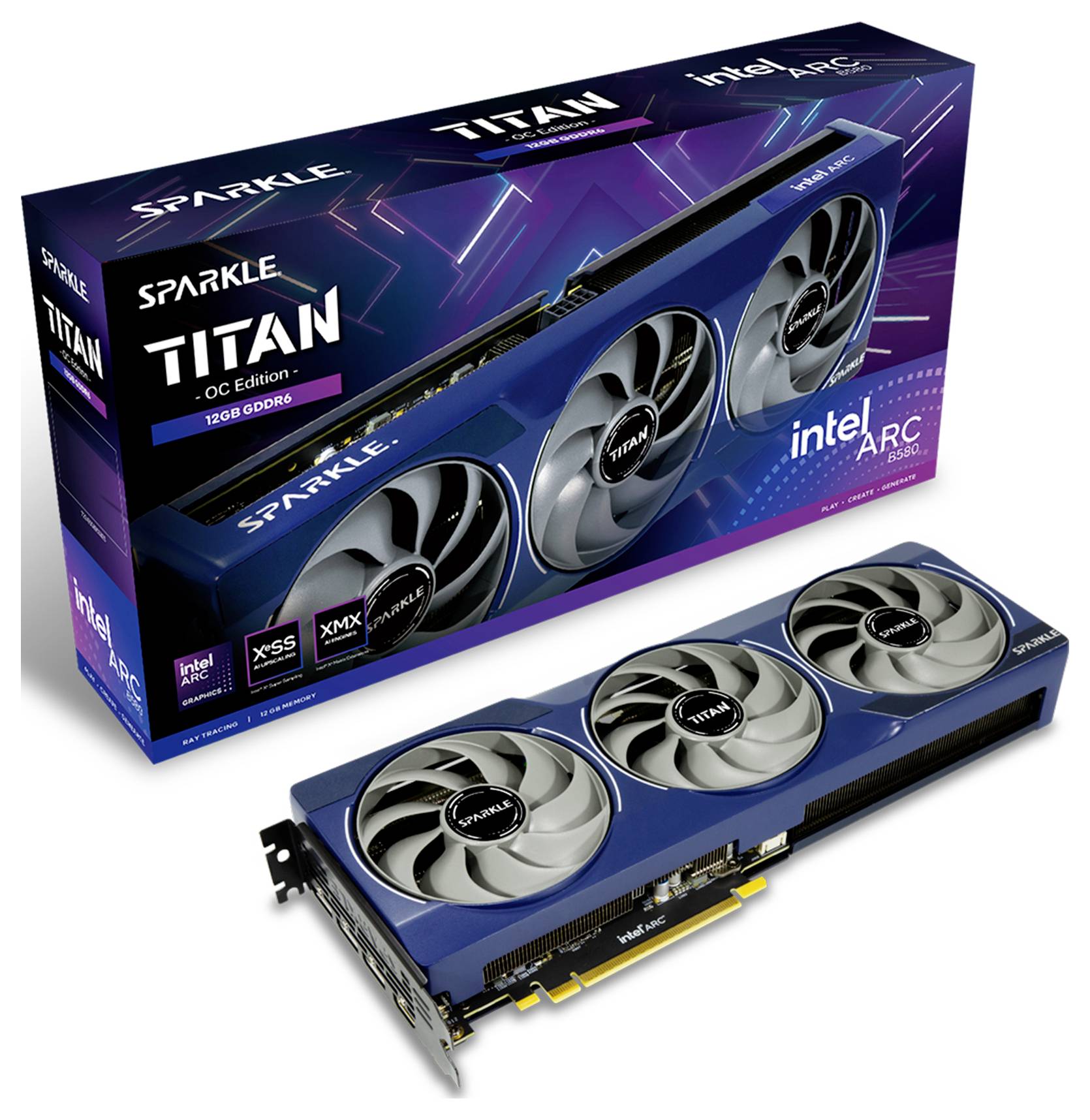Eine Sparkle Titan OC Edition Grafikkarte mit 16 GB, neben der dazugehörigen Verpackung, die Intel Arc unterstützt.
