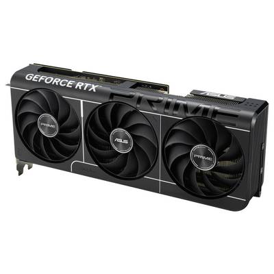 Schwarze Grafikkarte mit drei Lüftern und der Aufschrift 'GEFORCE RTX' und 'PRIME'. Markennamen 'ASUS' sichtbar.