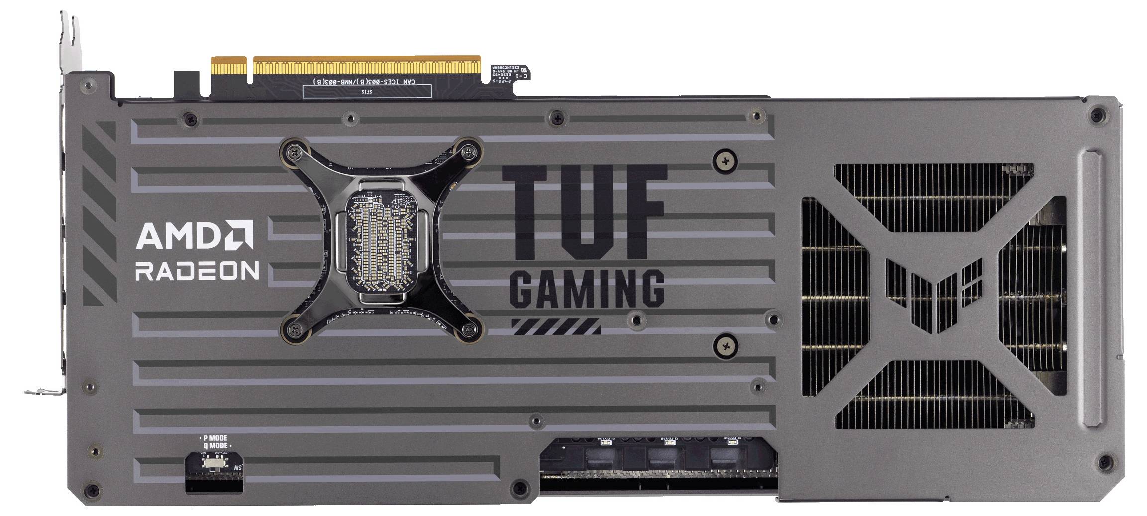 Eine AMD Radeon Grafikkarte mit der Aufschrift 'TUF Gaming', Silber und Schwarz, mit Kühllamellen und Anschlusskontakten oben.