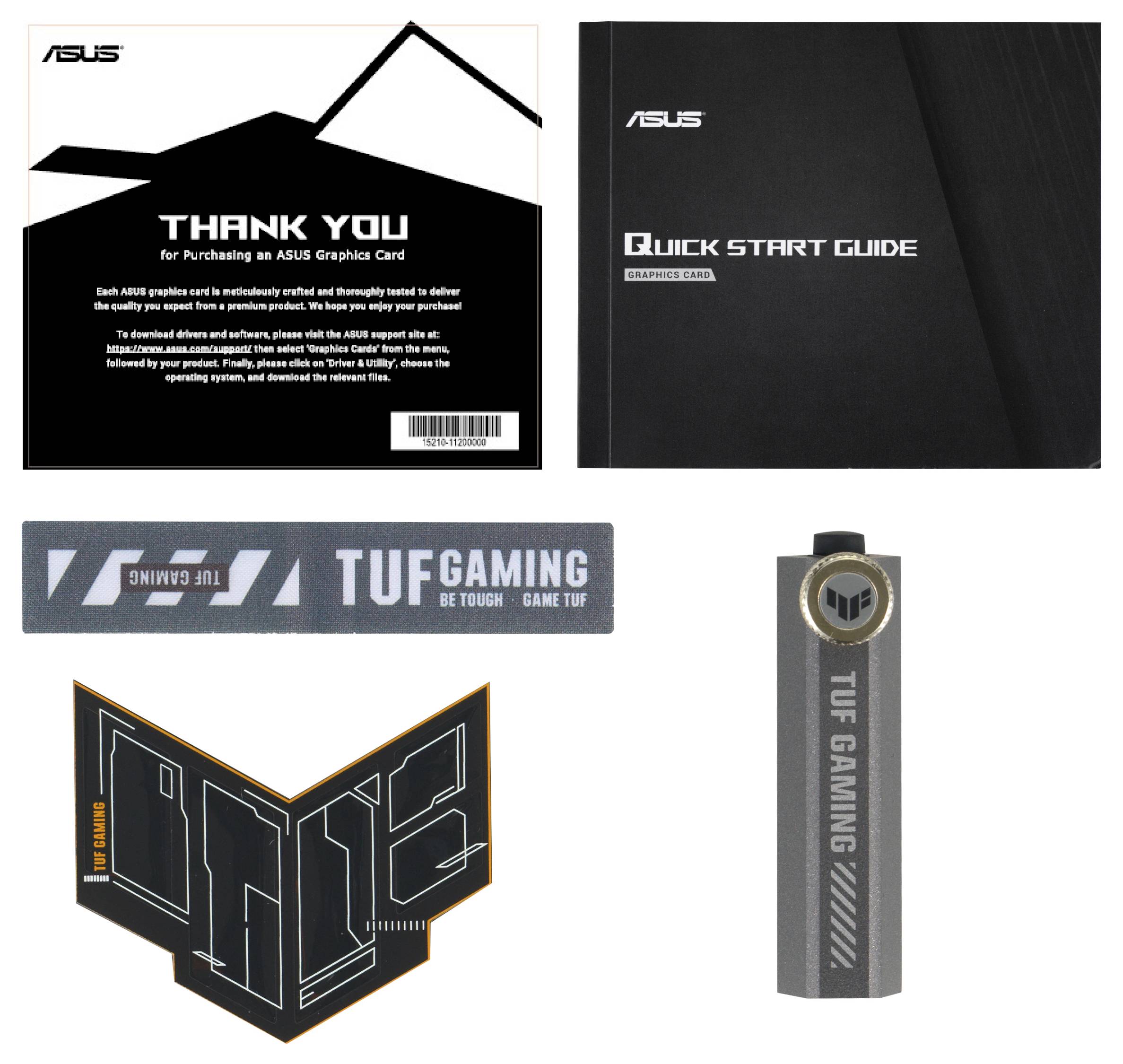 'ASUS Grafikkarten-Dankesschreiben und Schnellstartanleitung. Enthält auch TUF Gaming-Aufkleber und Grafikkartenhalterung.'
