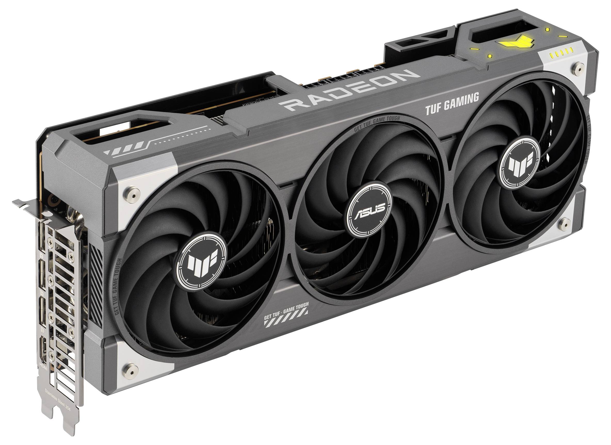 Grafikkarte mit drei Lüftern der Marke 'ASUS TUF Gaming Radeon', seitliche Ansicht mit sichtbaren Anschlussports.