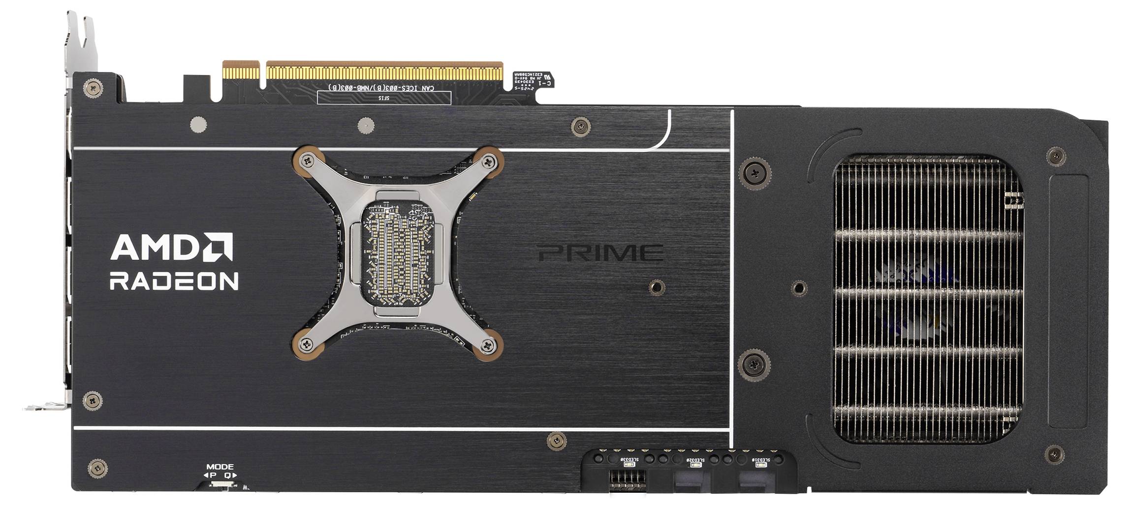 Eine Grafikkarte mit der Aufschrift 'AMD Radeon' und 'Prime'. Sichtbar sind Kühlrippen und elektronische Anschlüsse auf der Rückseite.