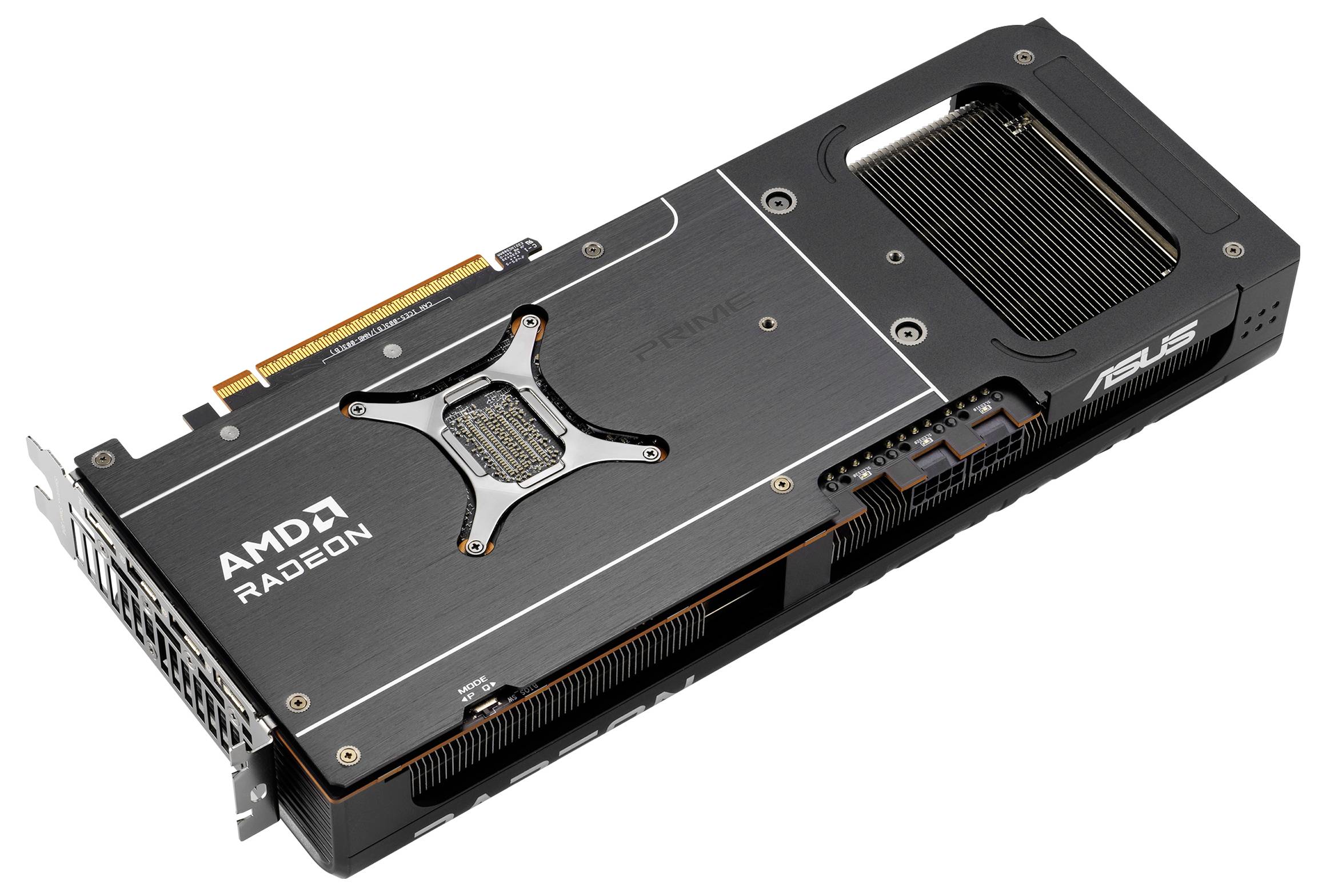 Die Abbildung zeigt eine AMD Radeon Grafikkarte von ASUS, liegend mit sichtbaren Kühlrippen und Anschlüssen für den Einbau in einen Computer.