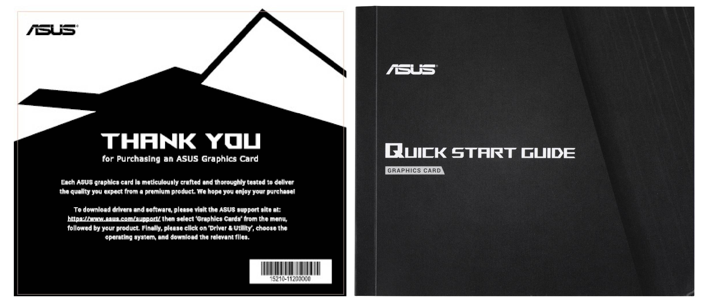 'ASUS' Grafikkarte: Links Dankeskarten-Hinweis für den Kauf, rechts 'Quick Start Guide' für die Einrichtung und Nutzung.