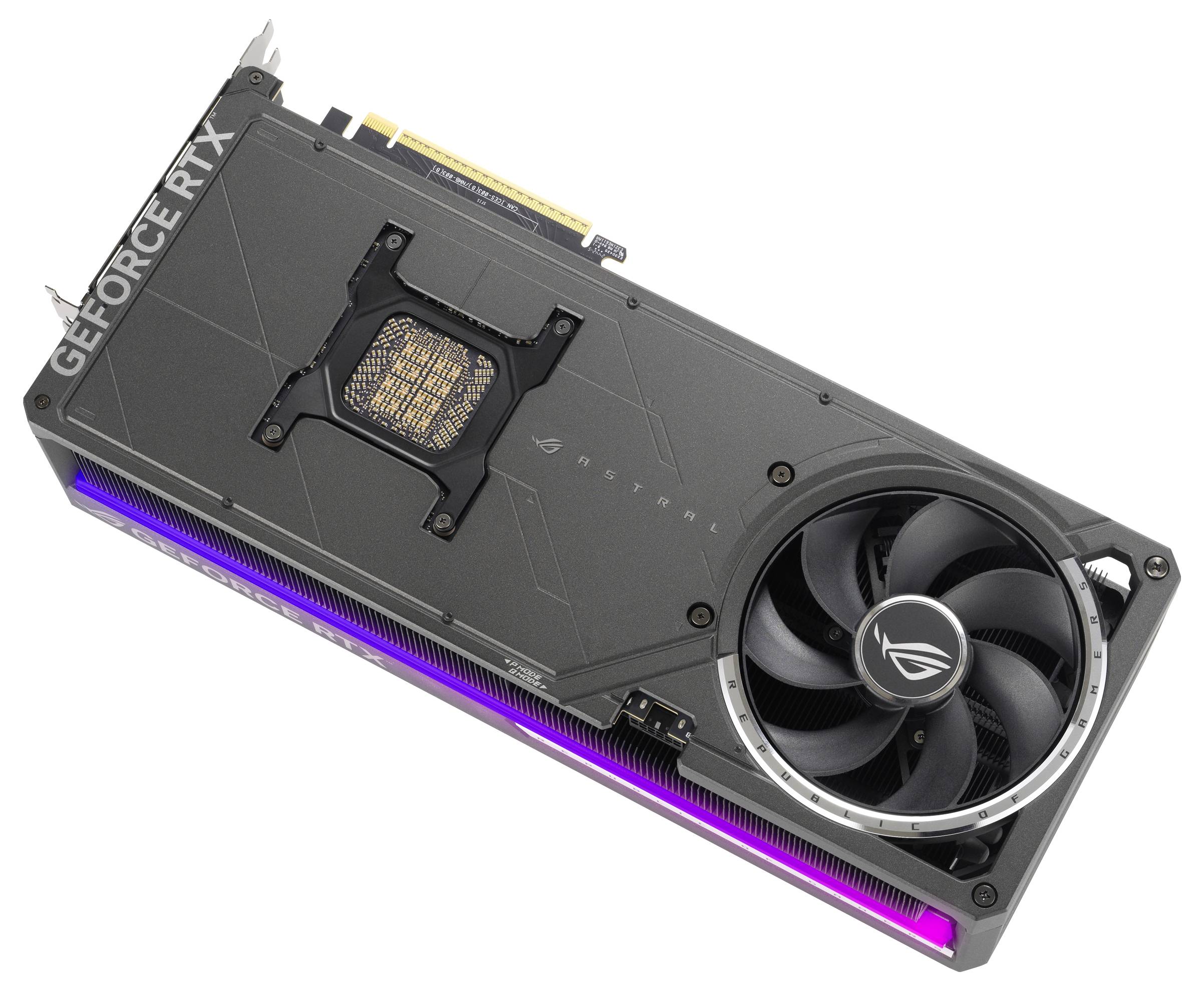 Grafikkarte von ASUS mit GeForce RTX-Aufsatz, zeigt zwei Lüfter und RGB-Beleuchtung an der Seite, für leistungsstarke Gaming-PCs.
