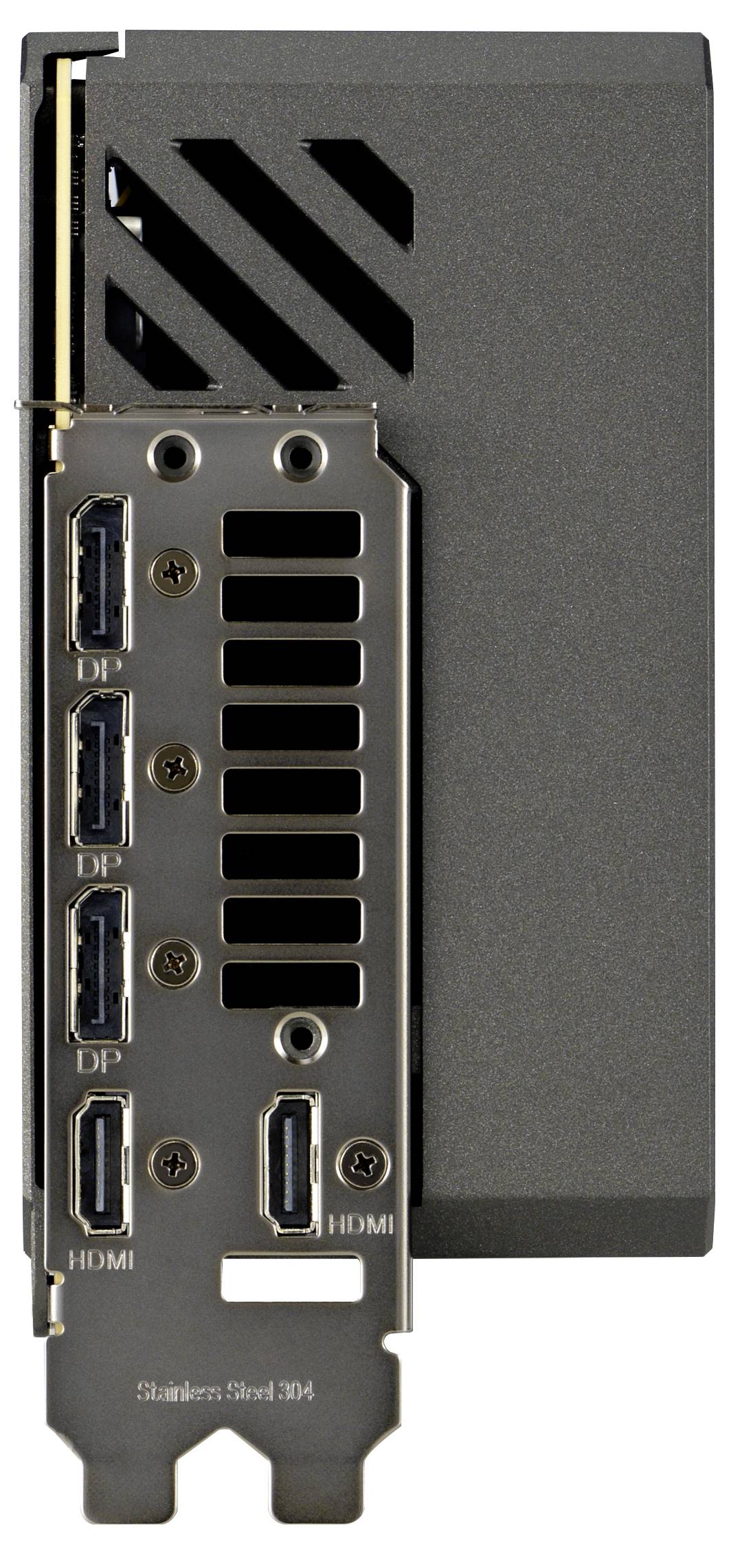 Grafikkarten-Rückansicht mit fünf Display-Anschlüssen: drei DisplayPorts und zwei HDMI-Ports. Steckplatz für PCIe-Verbindung sichtbar.