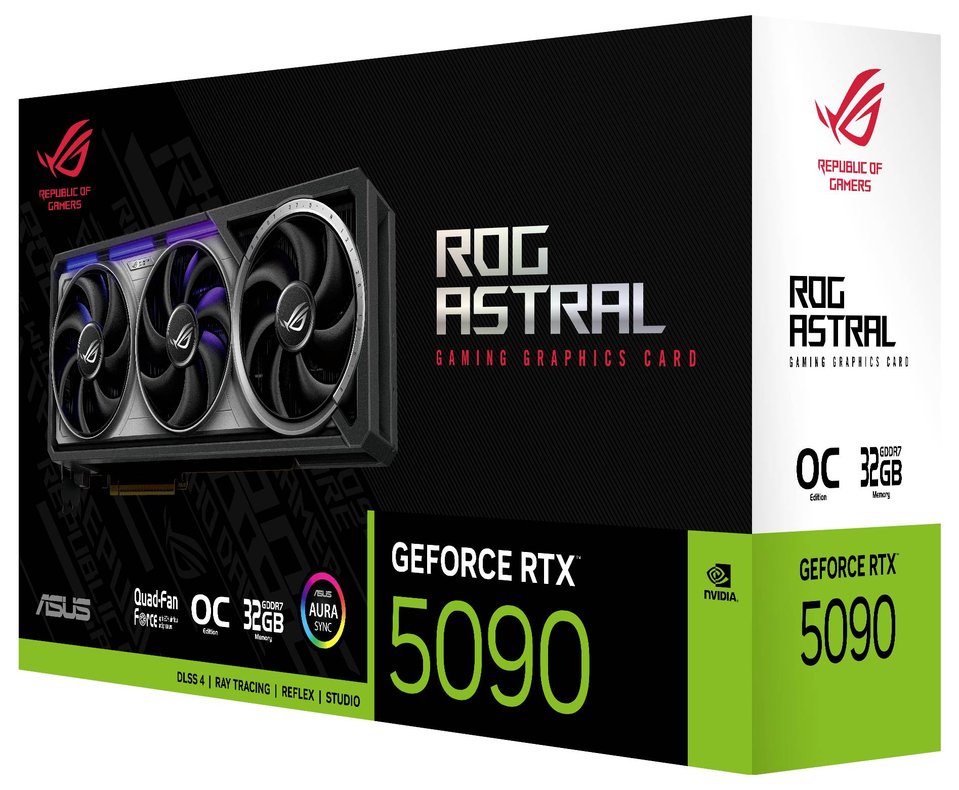 Die Verpackung einer Gaming-Grafikkarte mit der Aufschrift 'ROG ASTRAL GEFORCE RTX 5090'. Zeigt Markenlogos und technische Details.