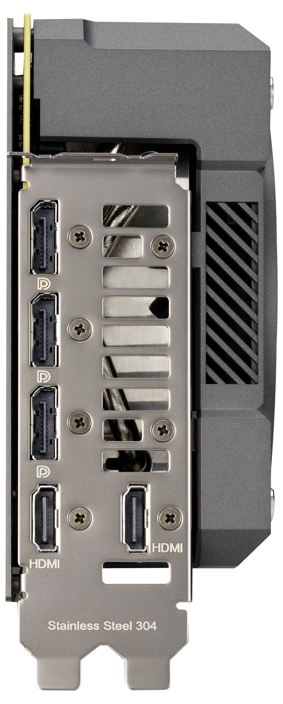 Rückseite einer Grafikkarte mit fünf Anschlüssen (drei DisplayPorts, zwei HDMI), darunter die Aufschrift 'Stainless Steel 304'.