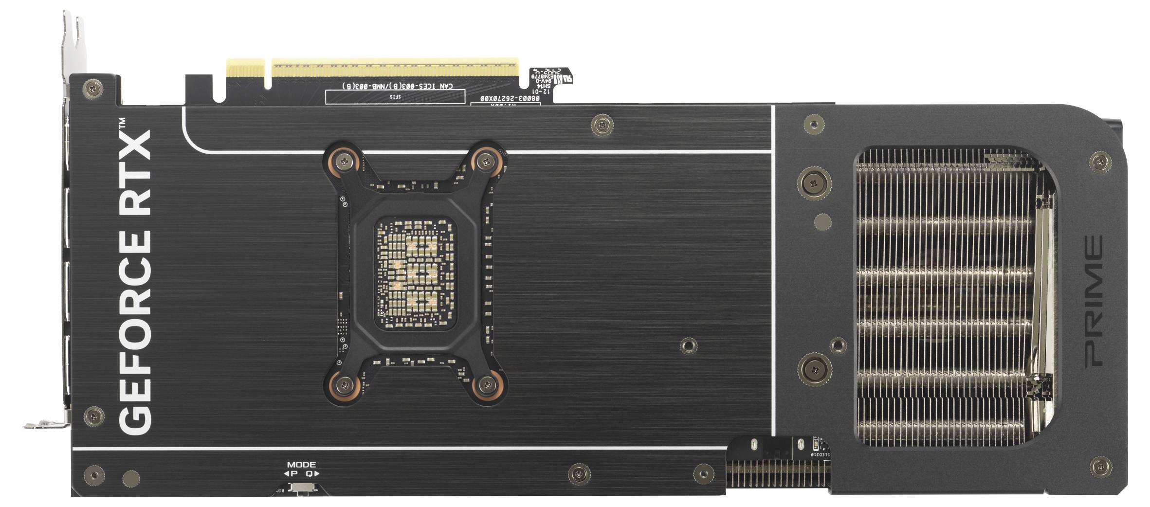 Grafikkarte NVIDIA GeForce RTX, luftgekühlt mit Metall-Design und sichtbaren Kühlrippen. Oberseite mit 'PRIME'-Schriftzug.