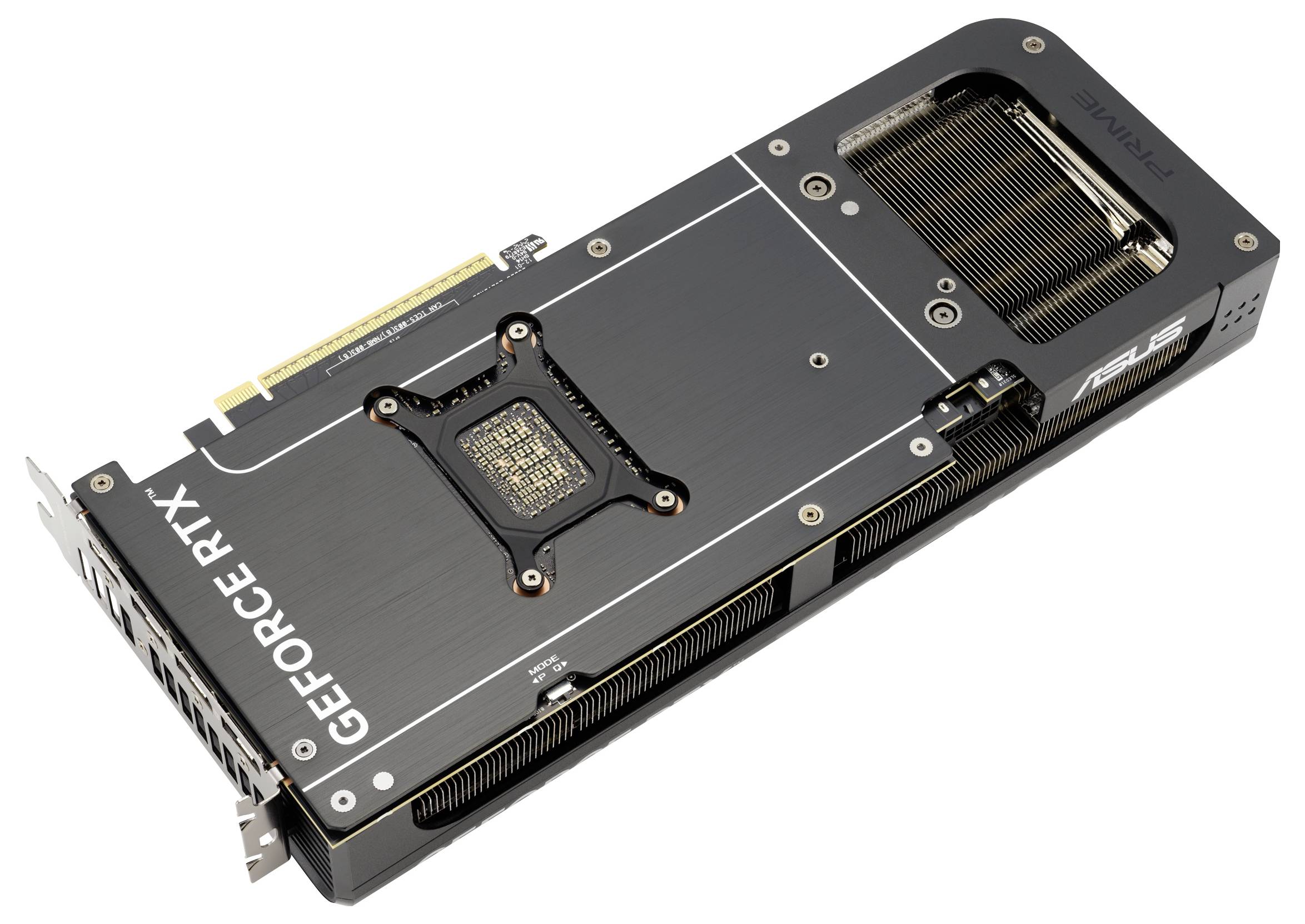 Grafikkarte von ASUS, Modell 'GEFORCE RTX'. Ansicht von oben zeigt Kühlrippen und Steckkontakt. Schwarzes Design mit silbernen Akzenten.