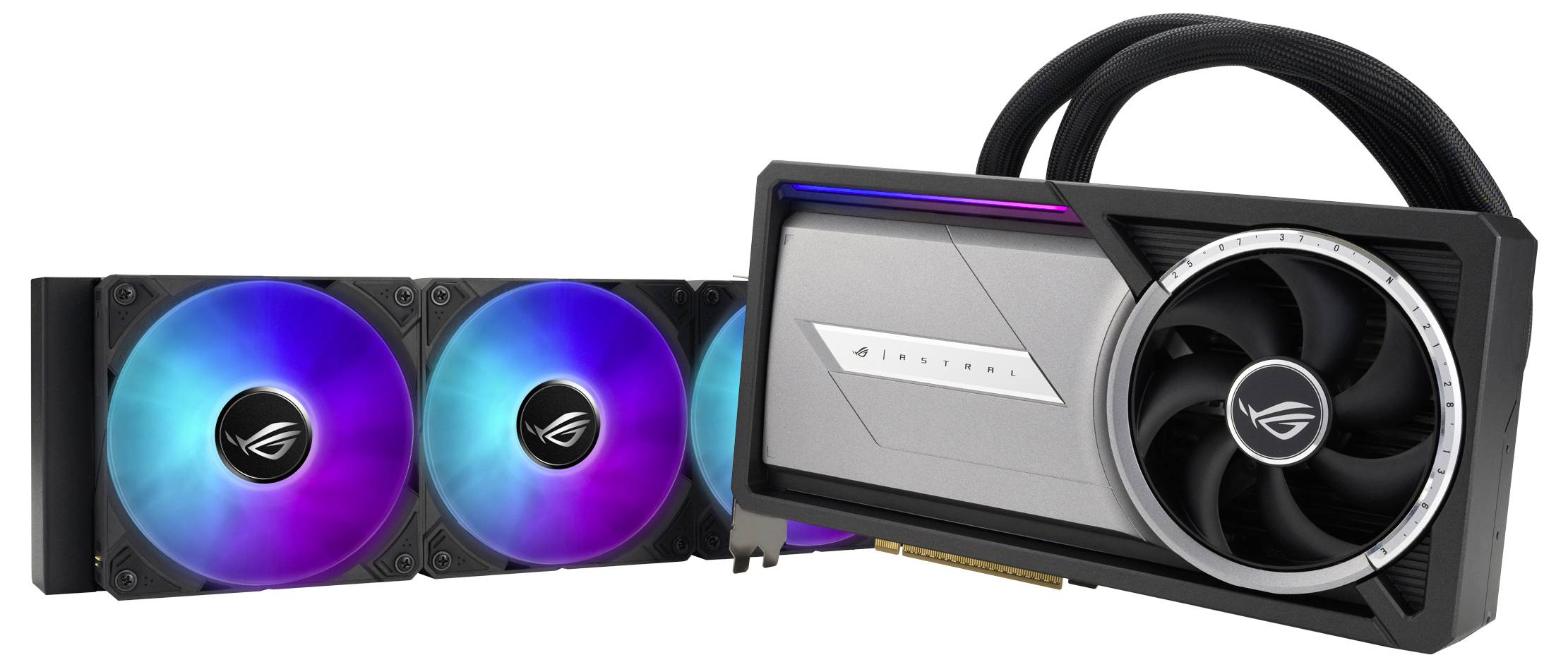 Eine Grafikkarte mit Lüftern und RGB-Beleuchtung, die für Gaming-PCs bestimmt ist. Sie zeigt ein modernes Design mit Markenlogo.