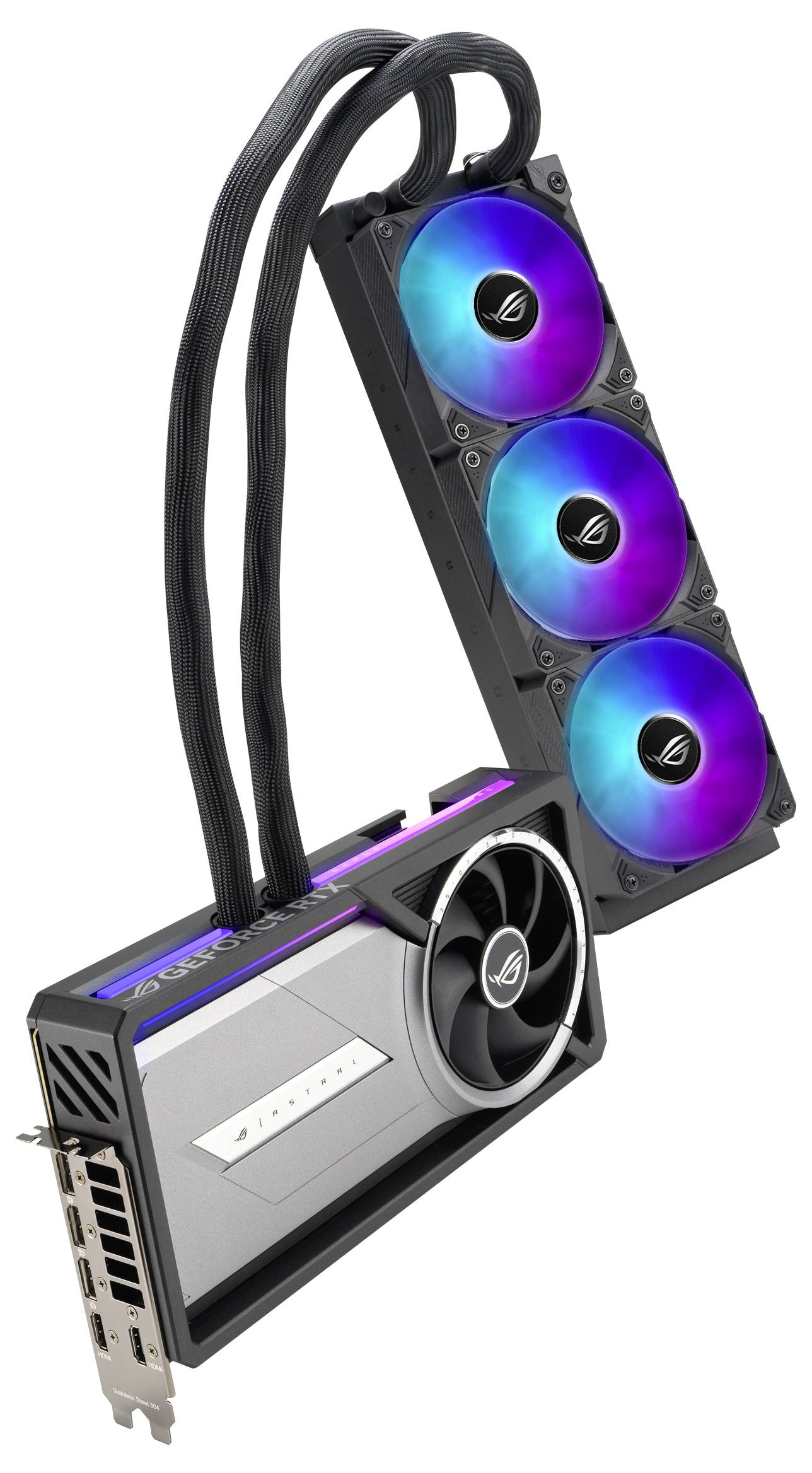 Grafikkarte mit drei beleuchteten Lüftern und Kühlschläuchen, markiert mit 'ROG STRIX LC', geeignet für leistungsstarke PCs.