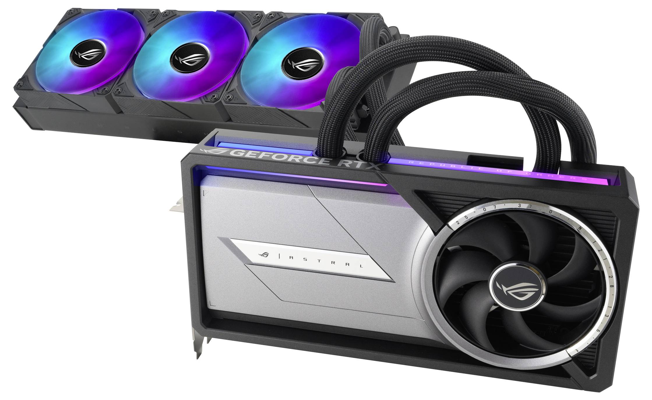 Computergrafikkarte mit Kühlkörper und Lüftern, gekennzeichnet durch die Aufschrift 'Geforce RTX'. Geeignet für leistungsfähige PC-Systeme.