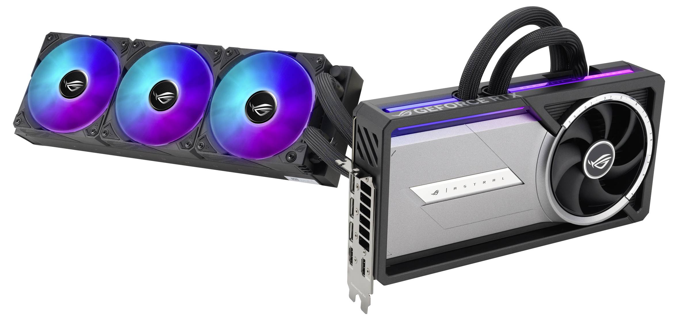Eine Grafikkarte mit einem externen Kühlmodul, das drei Lüfter hat. Die Karte ist mit einem Logo und RGB-Beleuchtung versehen.