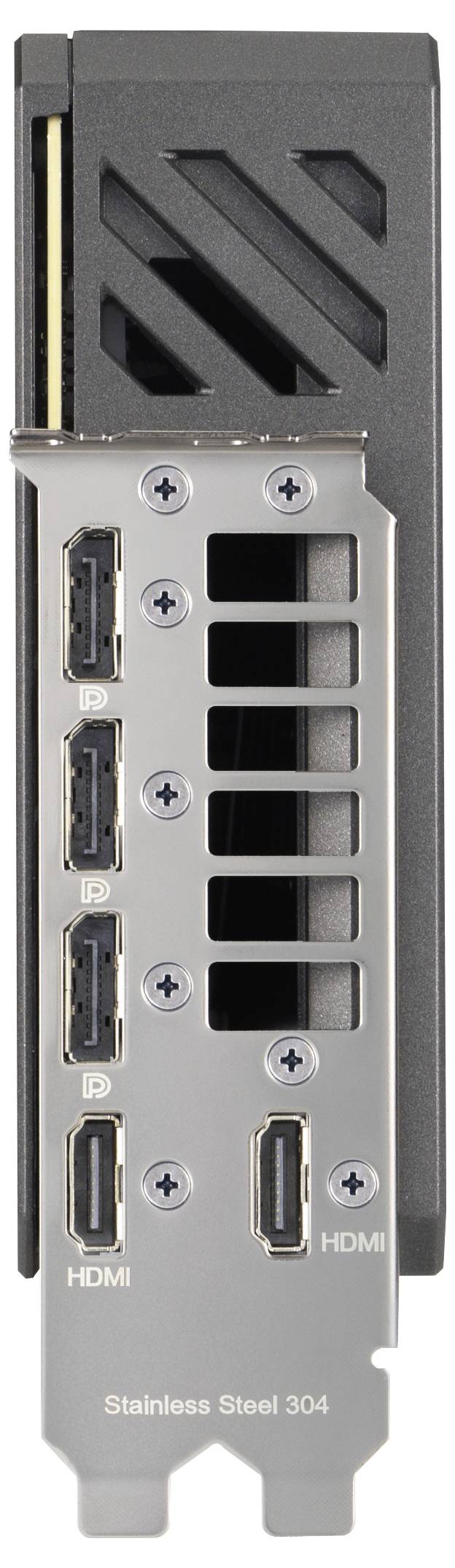 'Rückseite einer Grafikkarte mit drei DisplayPort-Anschlüssen, zwei HDMI-Anschlüssen und Lüftungsschlitzen. Edelstahlmaterial.'