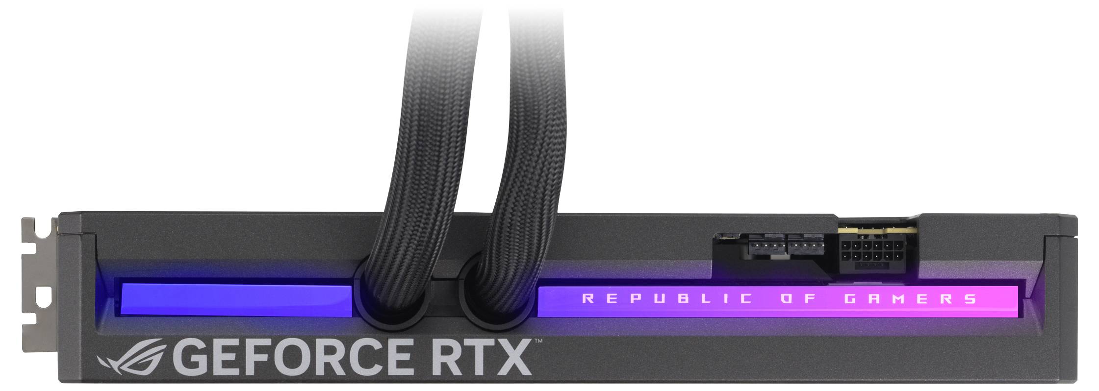 Schwarze Grafikkarte mit der Aufschrift 'GEFORCE RTX' und 'REPUBLIC OF GAMERS', beleuchtet in Blau und Pink, mit sichtbaren Anschlüssen.
