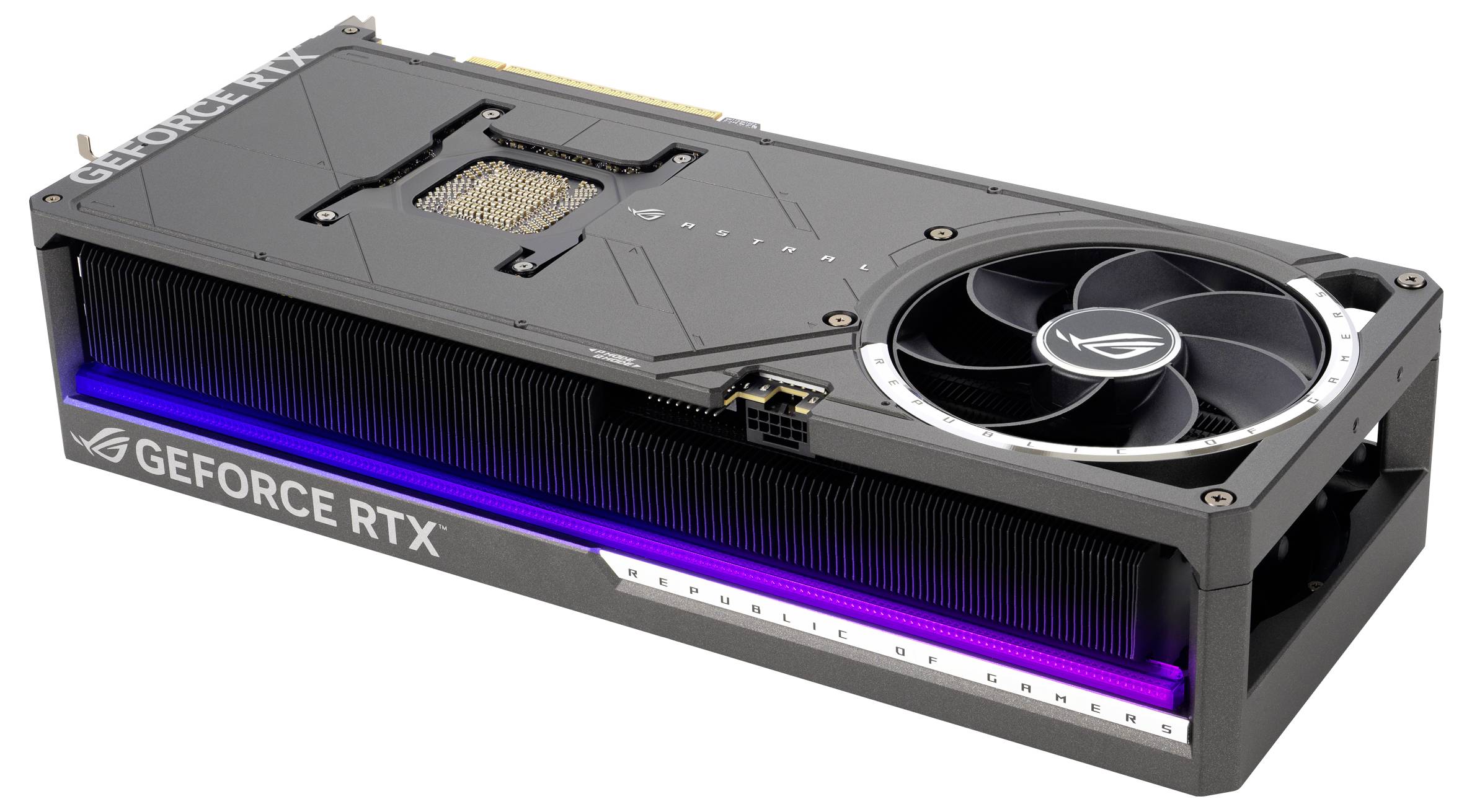 'Grafikkarte der Serie GeForce RTX von ASUS mit Lüfter und beleuchteten RGB-Leisten. Beschriftung: Republic of Gamers.'