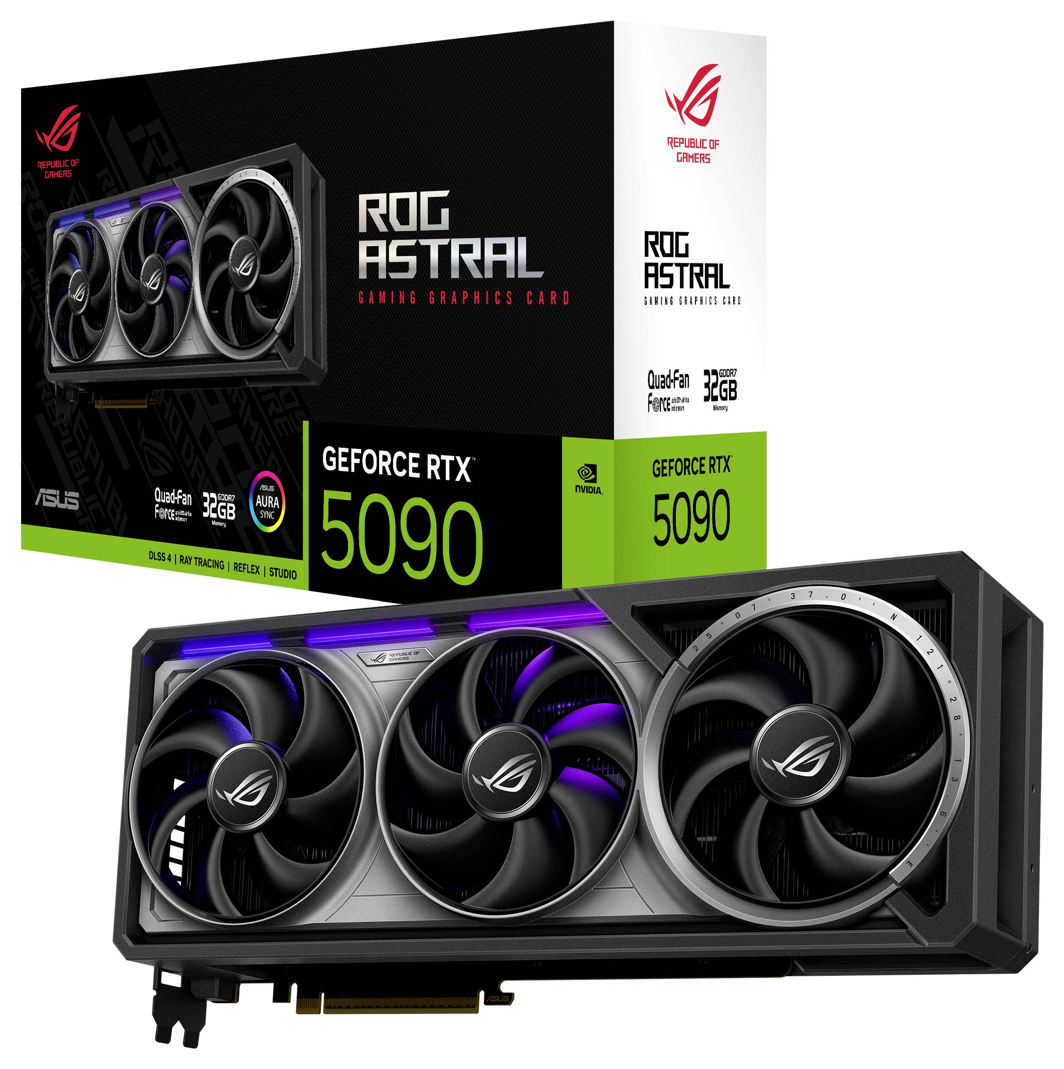 'Grafikkarte ASUS ROG ASTRAL GeForce RTX 5090 mit drei Lüftern und 32 GB Speicher. Verpackung im Hintergrund zeigt gleiche Grafikkarte.'