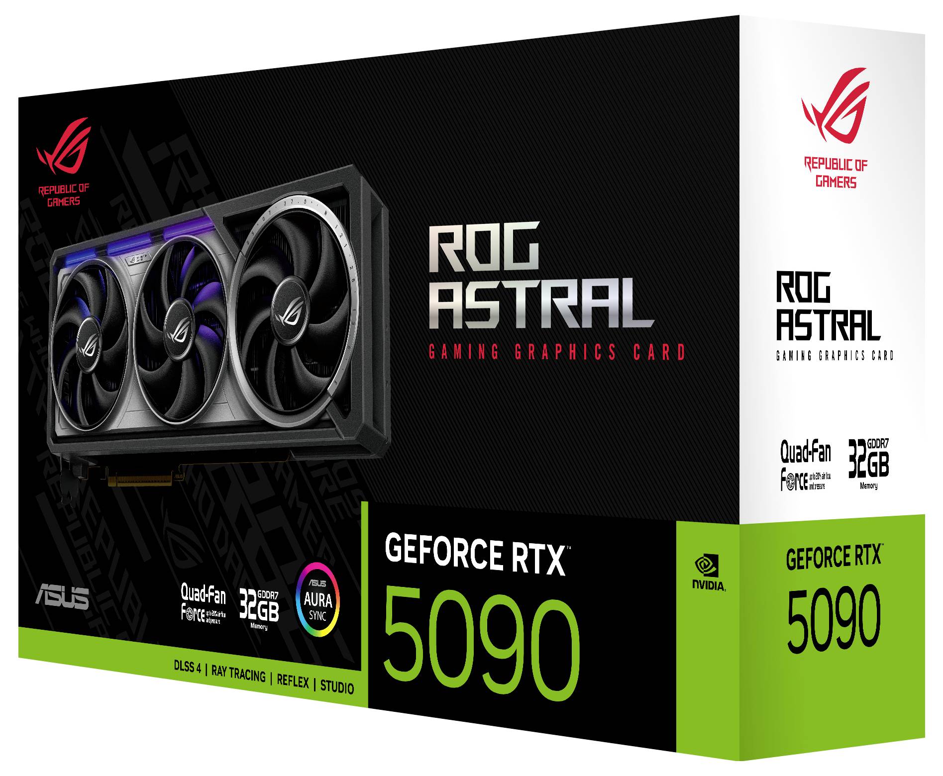 Eine Gaming-Grafikkarte der Marke ROG Astral, Modell GeForce RTX 5090, mit 32 GB Speicher. Verpackung mit Logos und technischen Details.