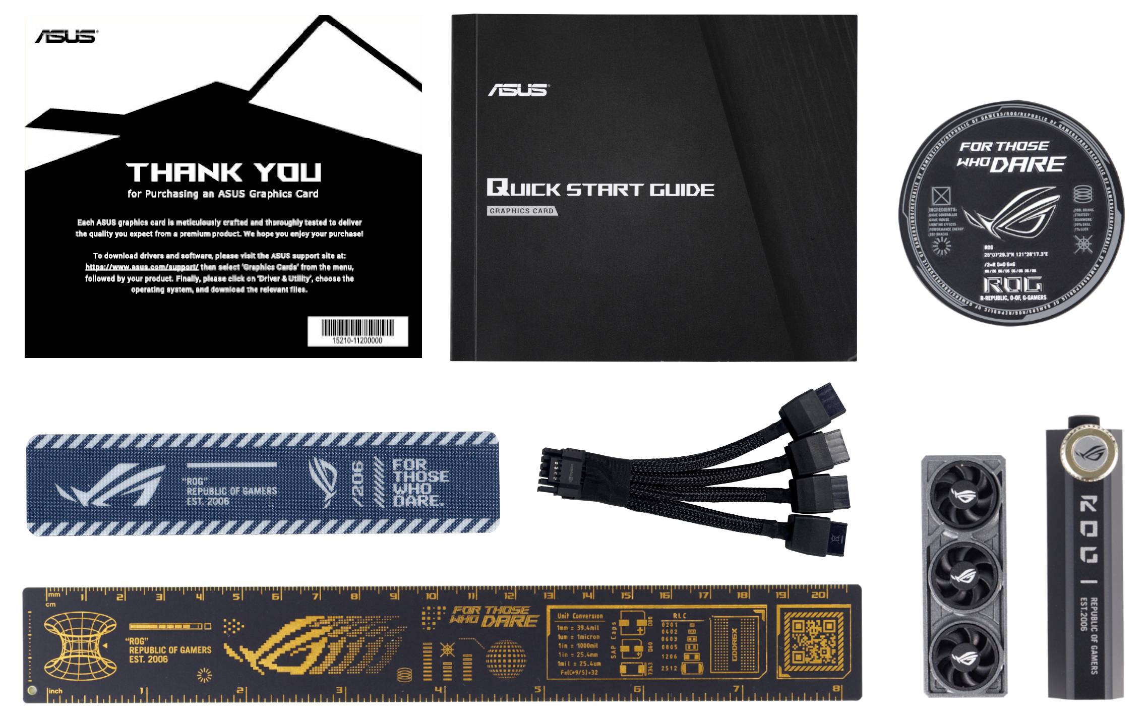 Inhalt der Verpackung einer ASUS-Grafikkarte: Dankeschön-Karte, Schnellstartanleitung, Kabel, Kühleinheit und Lineale.