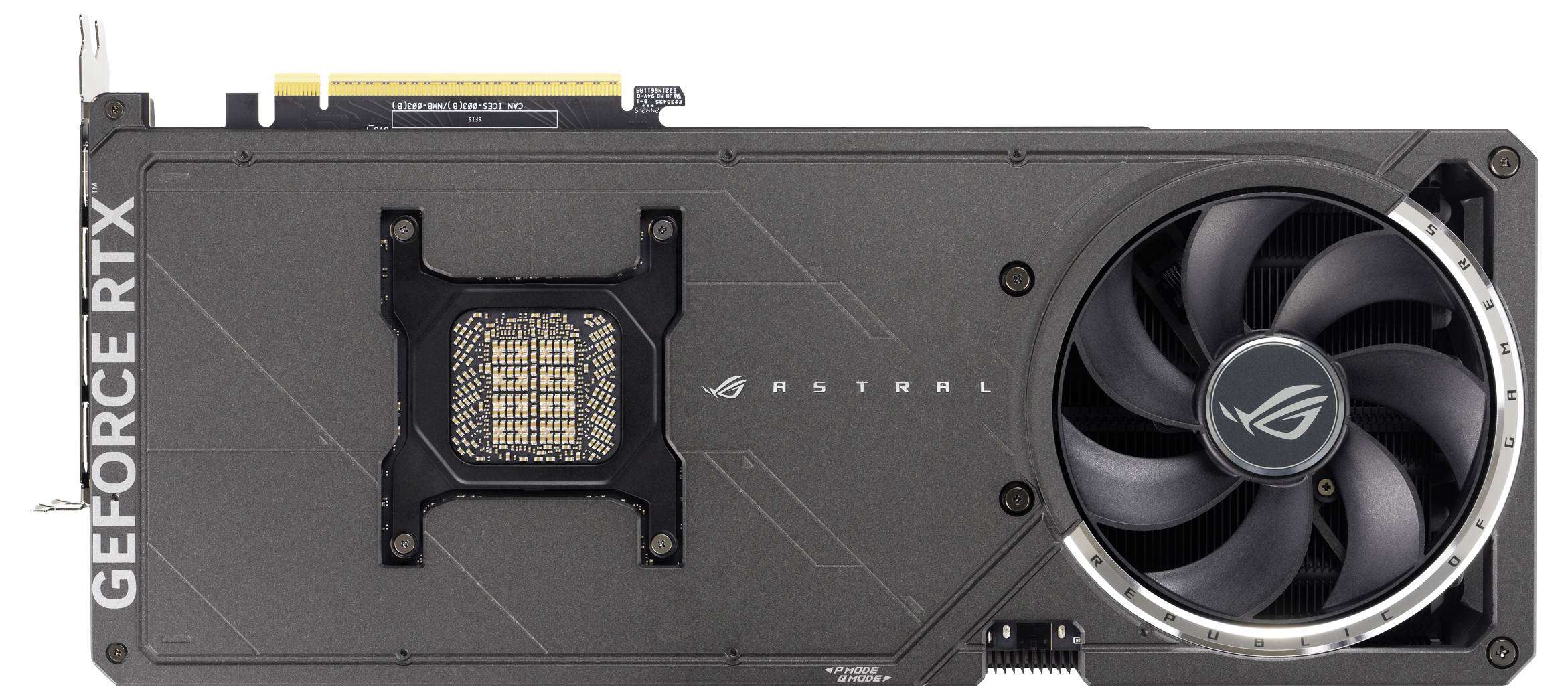 Grafikkarte von ASUS mit der Aufschrift 'GEFORCE RTX'. Sichtbar sind ein großer Lüfter und Anschlüsse für die Stromversorgung.