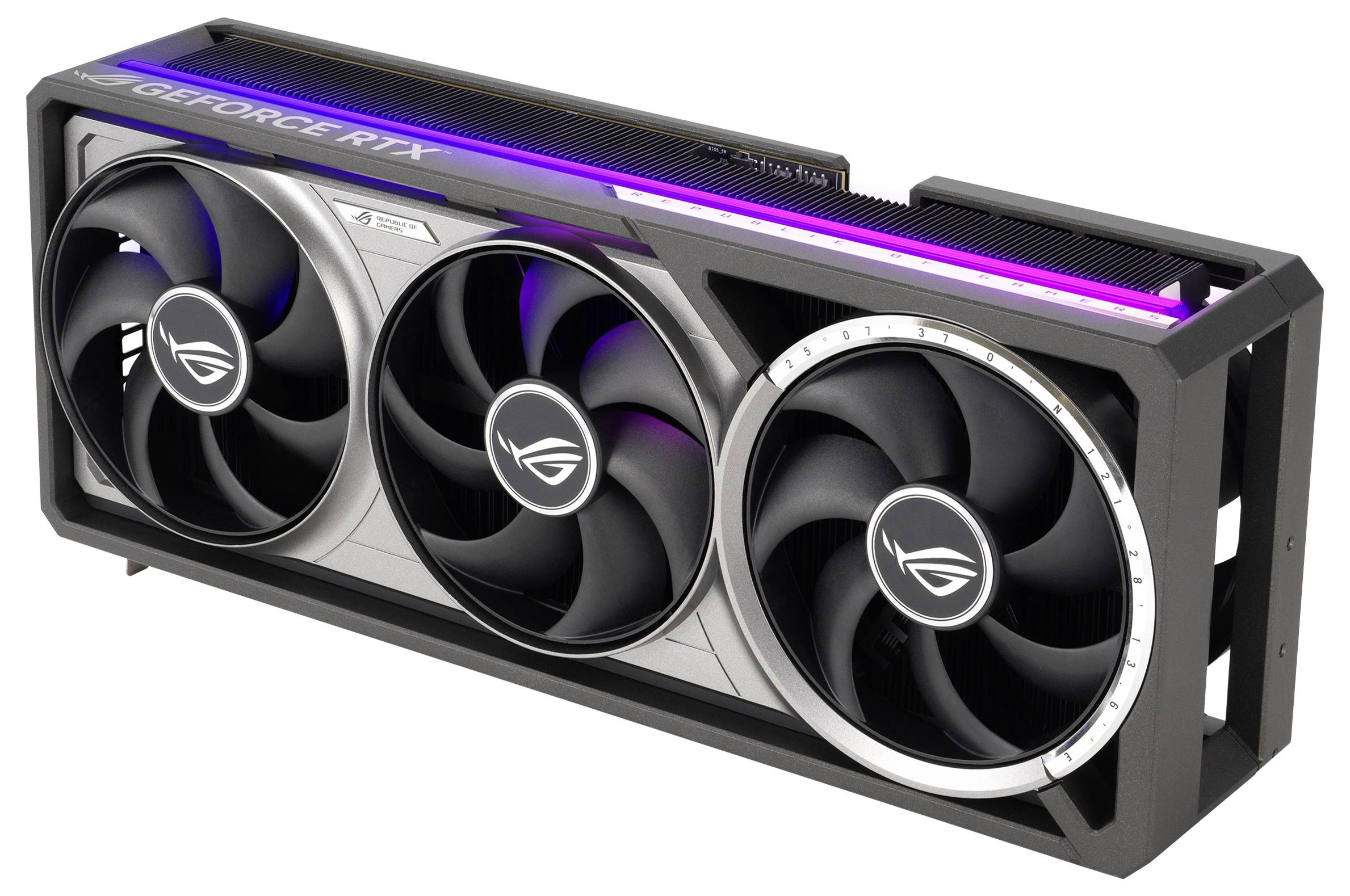 Grafikkarte, ASUS ROG Strix GeForce RTX, mit drei Lüftern und RGB-Beleuchtung, für leistungsstarke Gaming-PCs und Grafikanwendungen.