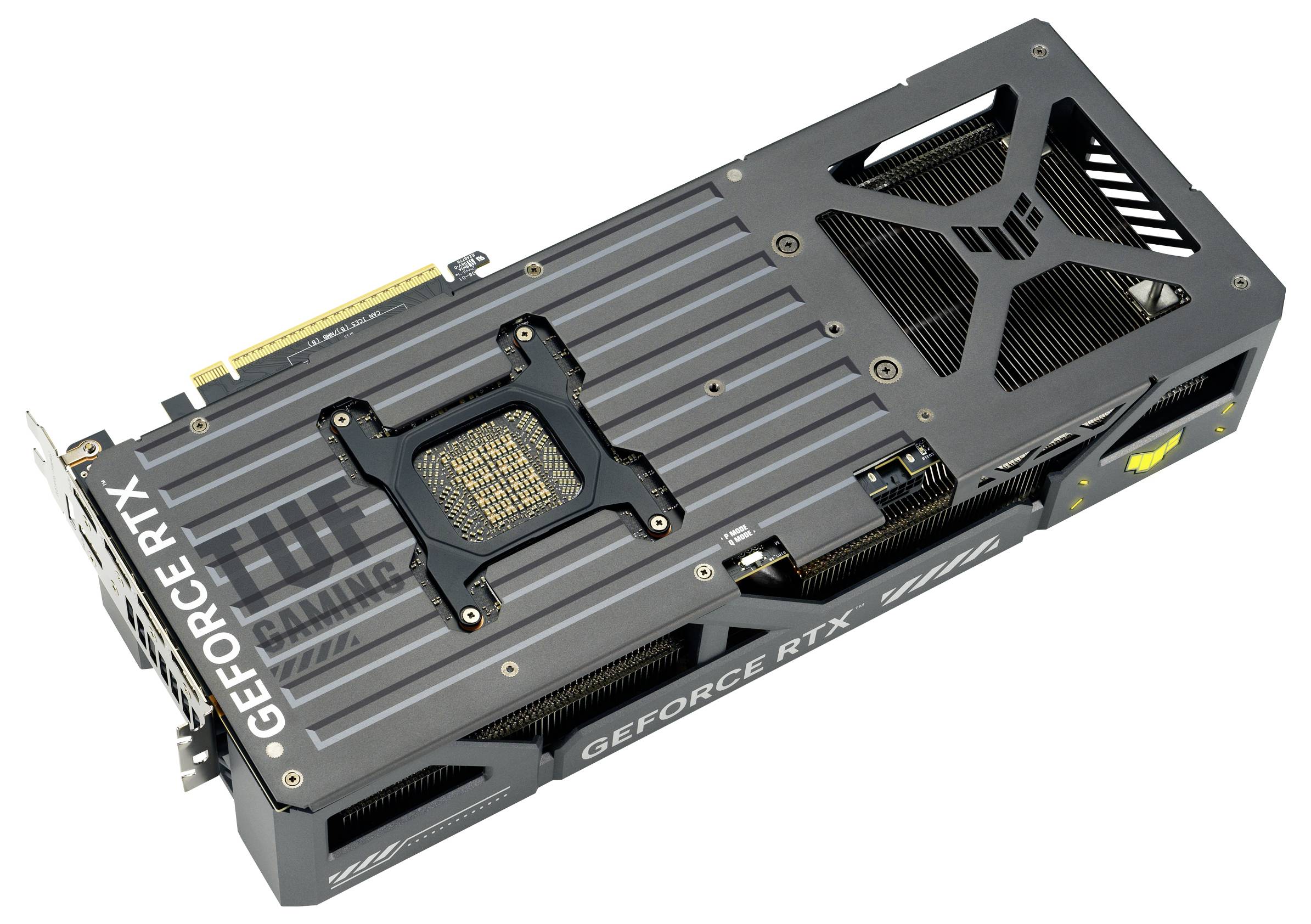 Grafikkarte von oben, zeigt die schwarze GeForce RTX mit deutlichem Lüfterdesign und elektrischen Anschlüssen, betont Leistungsfähigkeit.