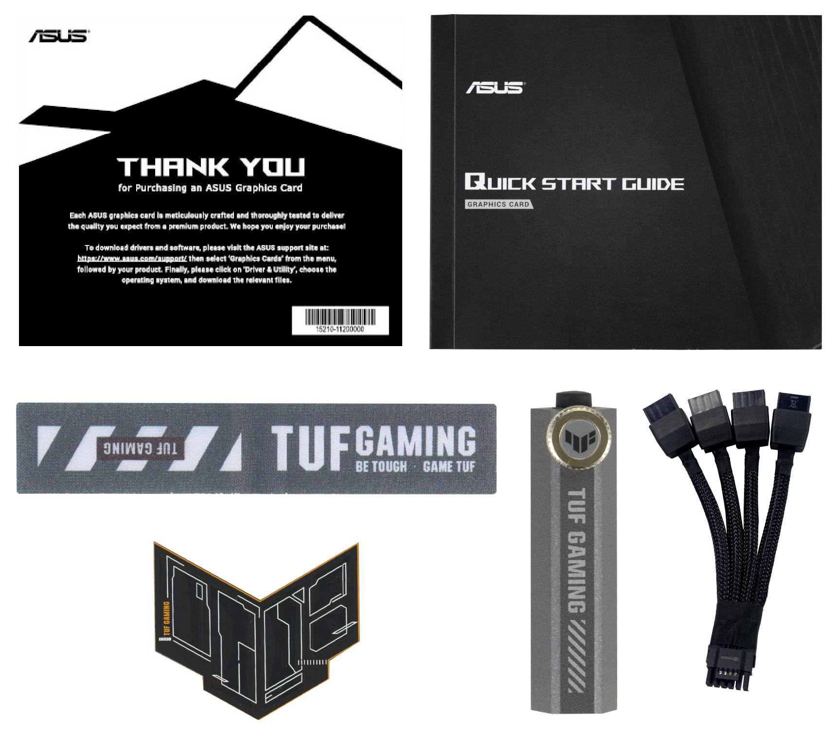 'ASUS Grafikkarte Zubehör: Quick Start Guide, Dankeskarte, TUF Gaming Band, Grafikkartenhalter, Kabel. Schwarze Verpackung.'