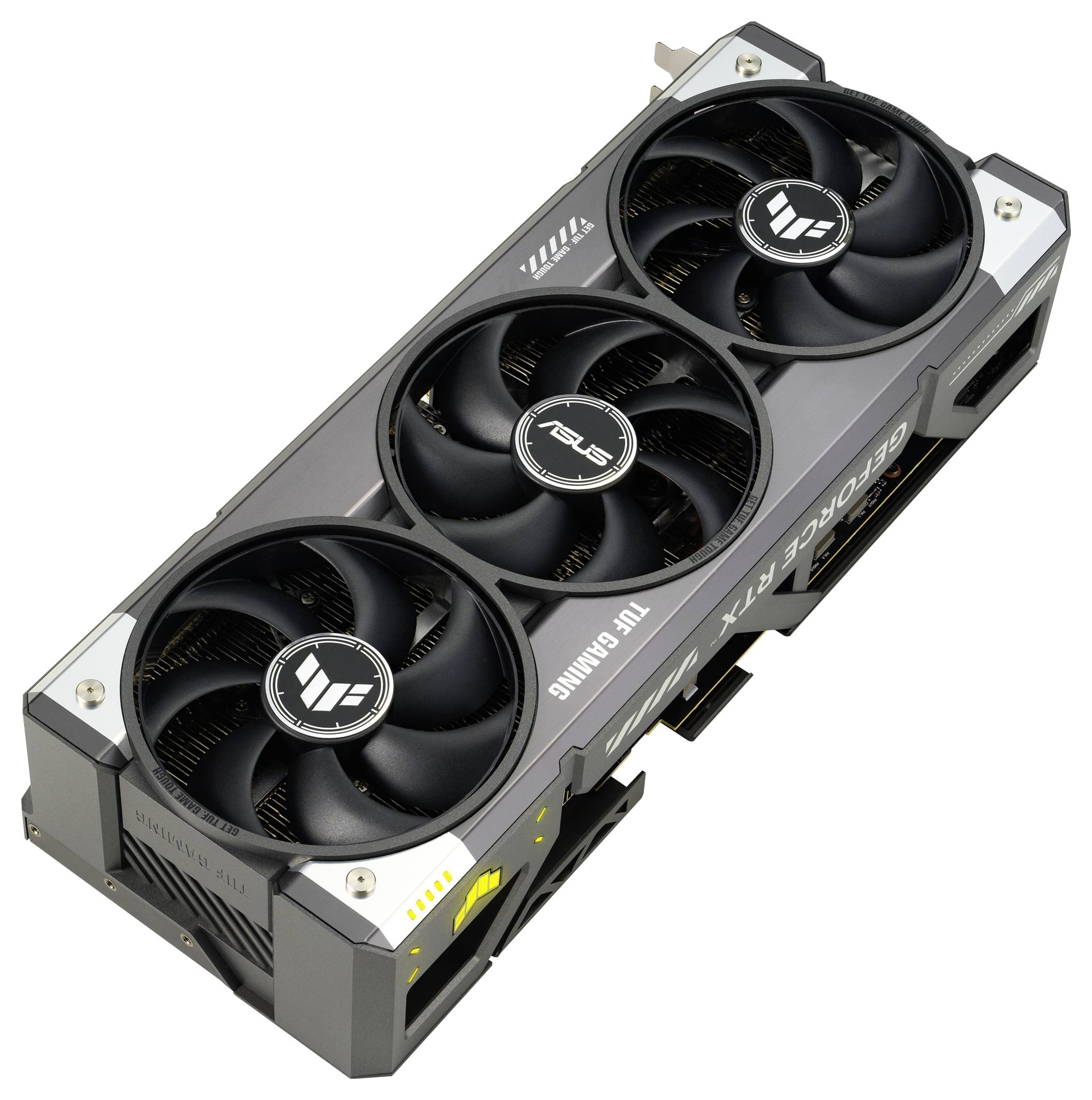 Eine schwarze Grafikkarte mit drei Lüftern; seitlich beschriftet mit 'TUF Gaming' und 'GeForce RTX', geeignet für leistungsstarkes Gaming.