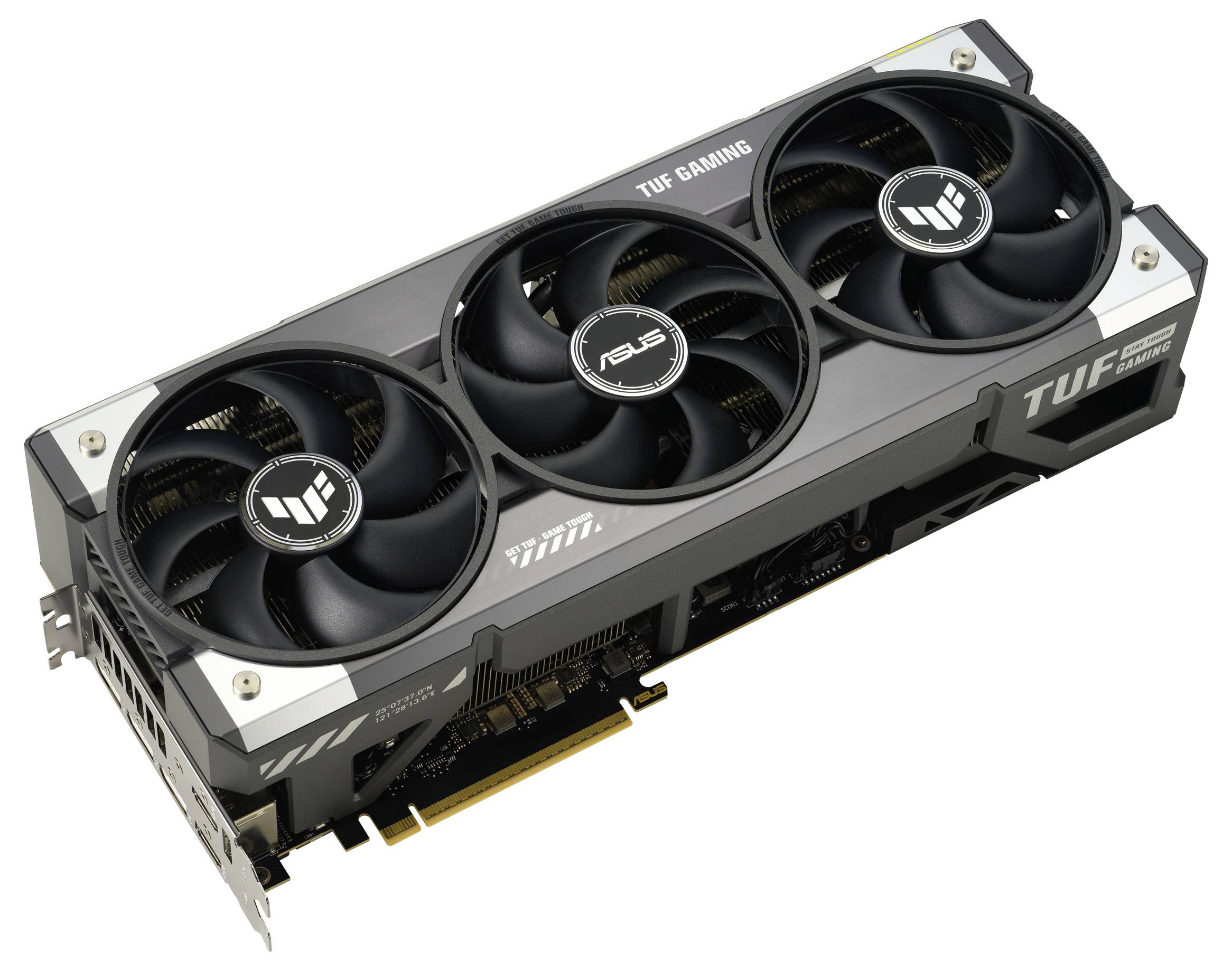 Grafikkarte 'TUF Gaming' von ASUS mit drei Lüftern und schwarzem Gehäuse.