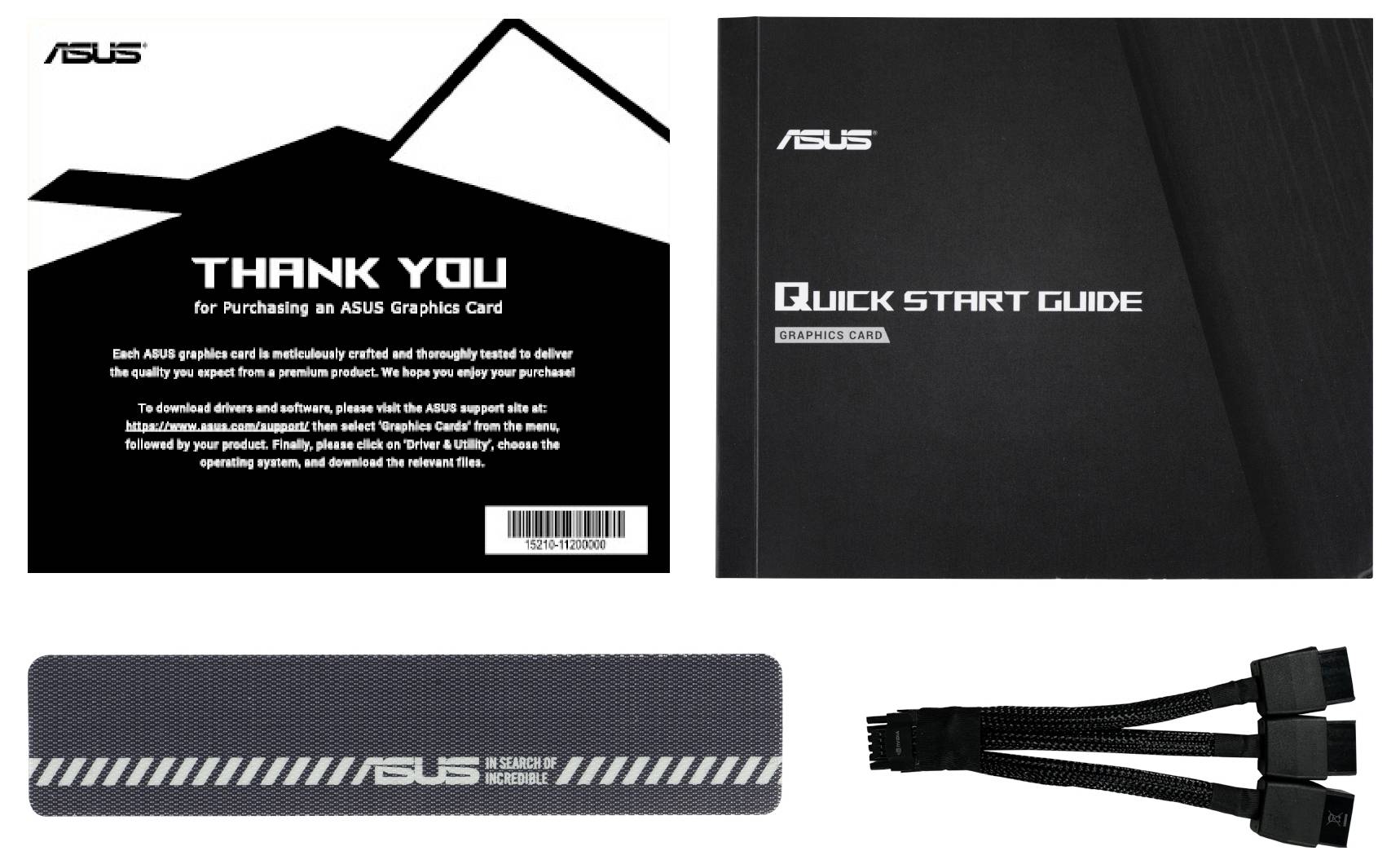 'ASUS Grafikkarte' Verpackungsinhalt: Bedienungsanleitung, Dankeschön-Karte, Kabel mit Zweiwege-Stecker, Klettverschluss mit ASUS-Logo.