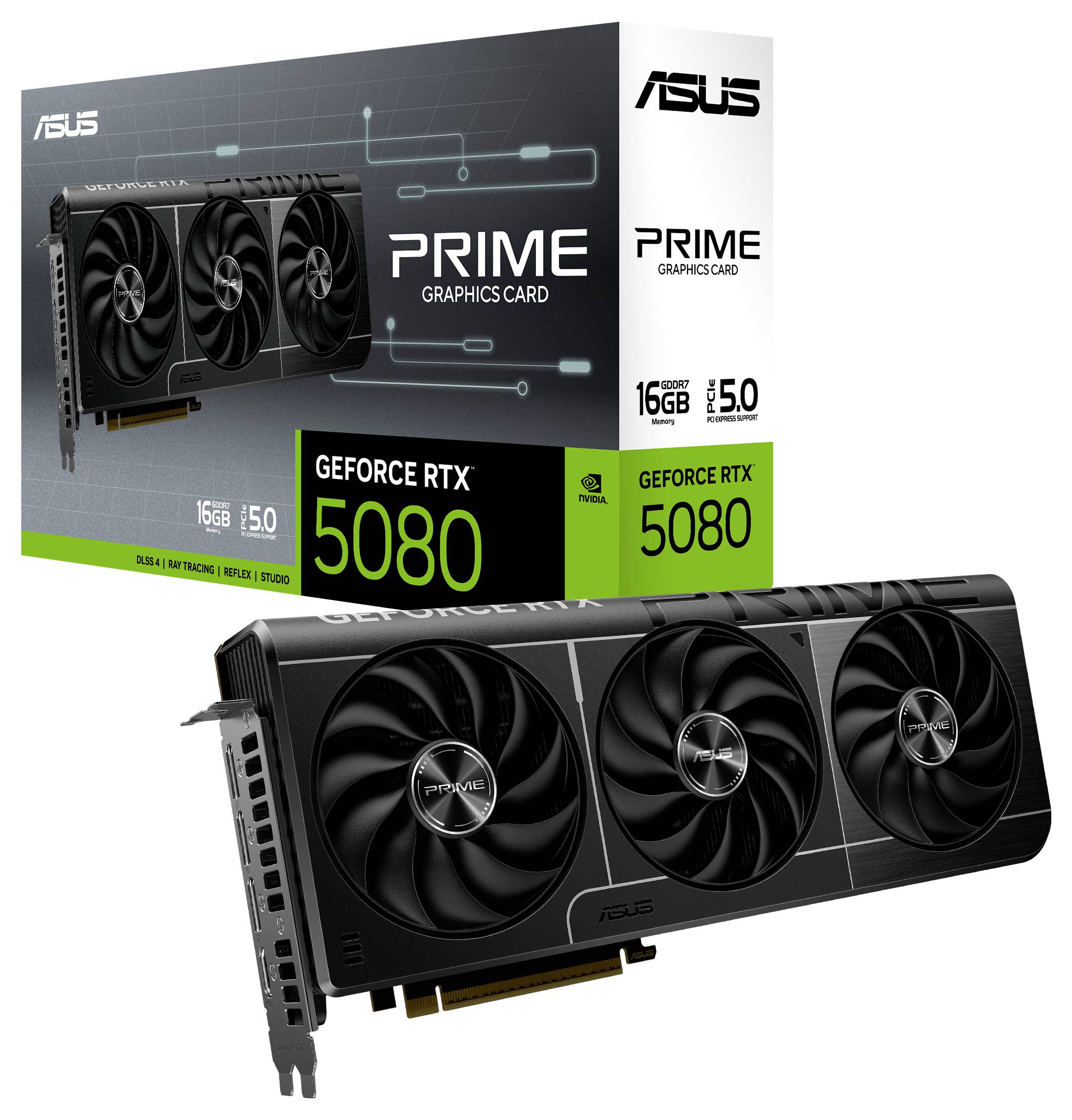 Eine ASUS GeForce RTX 5080 Grafikkarte vor ihrer Verpackung. Die Verpackung zeigt Spezifikationen wie 16GB Speicher und PCIe 5.0.