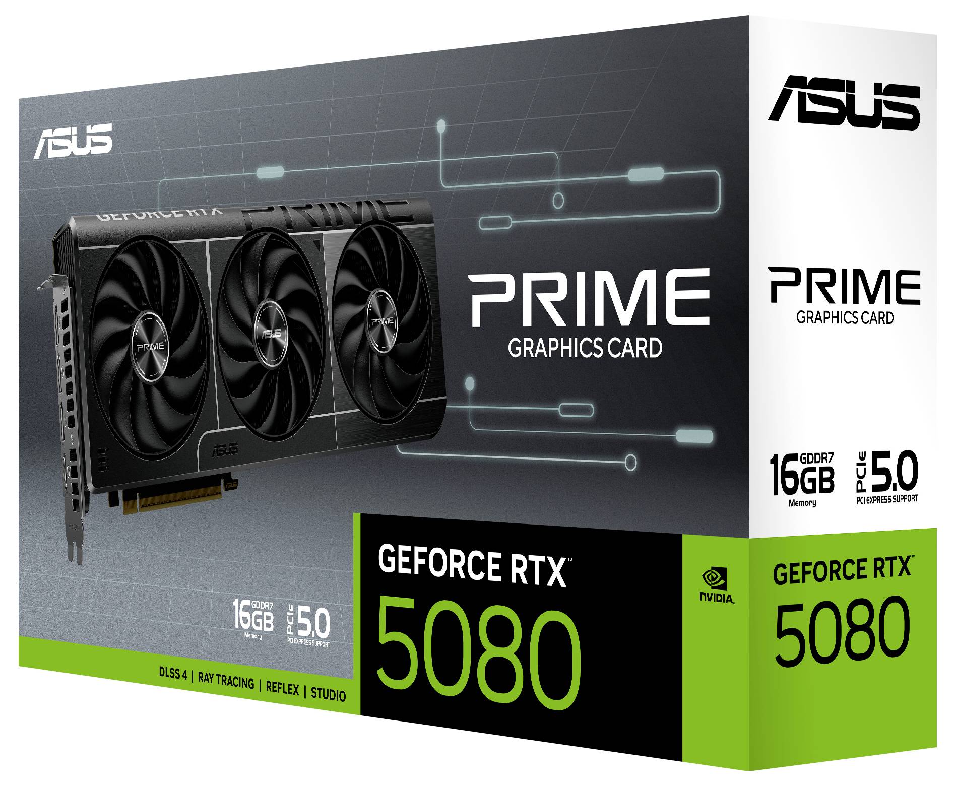 Grafikkarte ASUS GeForce RTX 5080 in Verpackung. Text: '16GB, PCIe 5.0, DLSS 4, Ray Tracing, Reflex, Studio'.