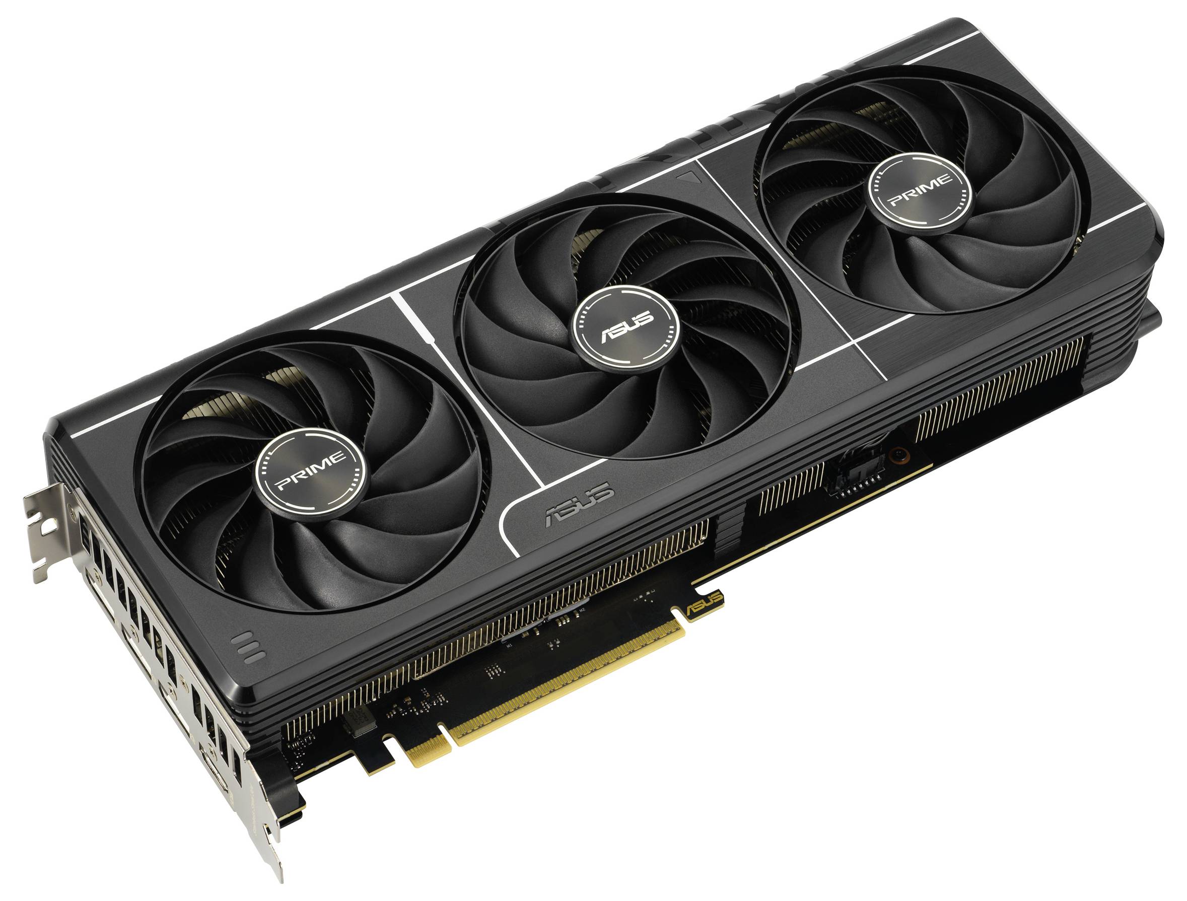 Eine schwarze ASUS-Grafikkarte mit drei Lüftern und goldenen Anschlüssen, geeignet für leistungsstarke Computeranwendungen.