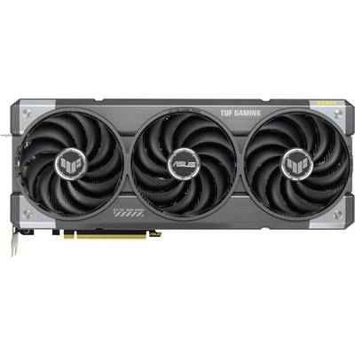 Eine Gaming-Grafikkarte mit drei Lüftern und der Aufschrift 'TUF Gaming' und 'ASUS'. Sie ist hauptsächlich in Schwarz und Grau gehalten.