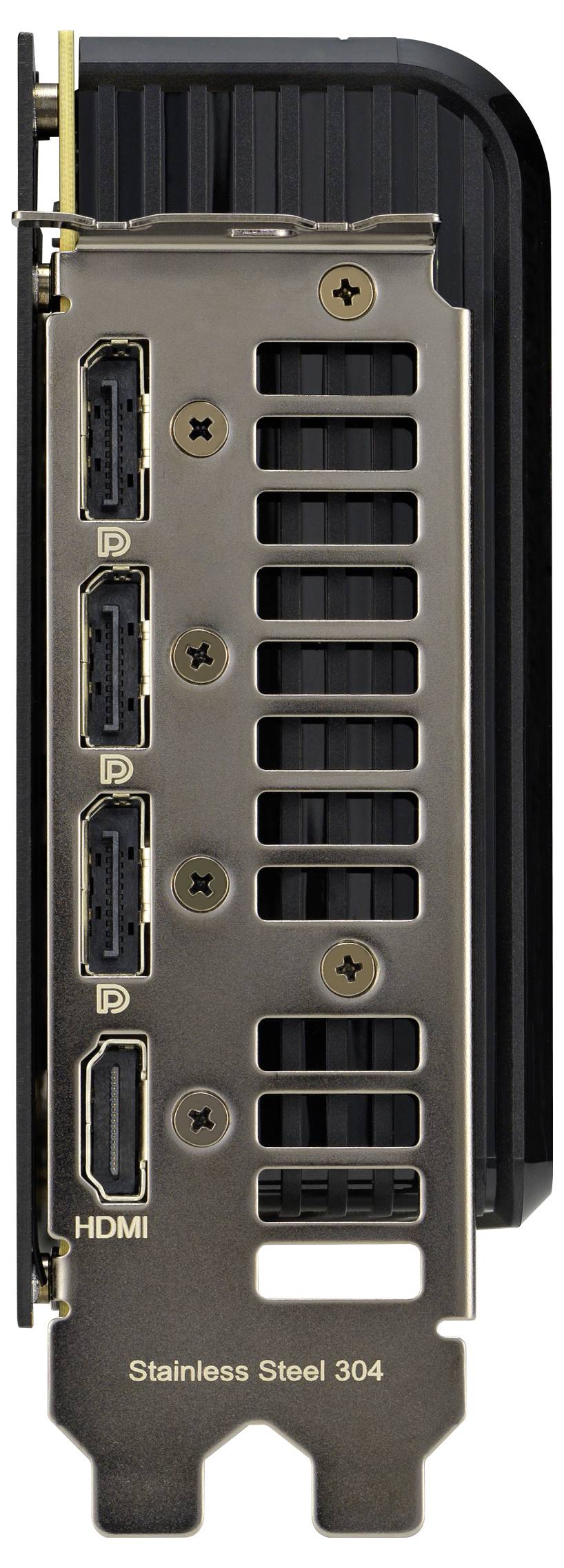 Die Rückseite einer Grafikkarte mit drei DisplayPorts und einem HDMI-Anschluss. Edelstahlmaterial ist erkennbar.