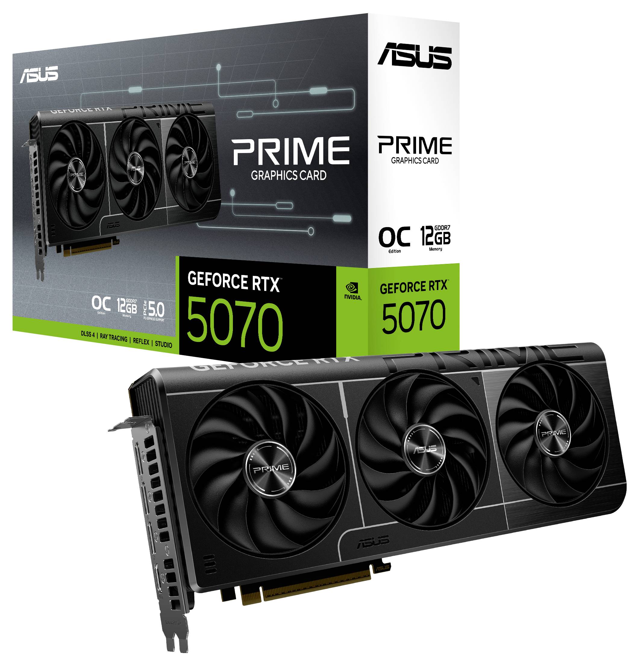 Grafikkarte ASUS GeForce RTX 5070 mit Verpackung. Features: OC Edition, 12 GB Speicher, Triple-Lüfter-Design.