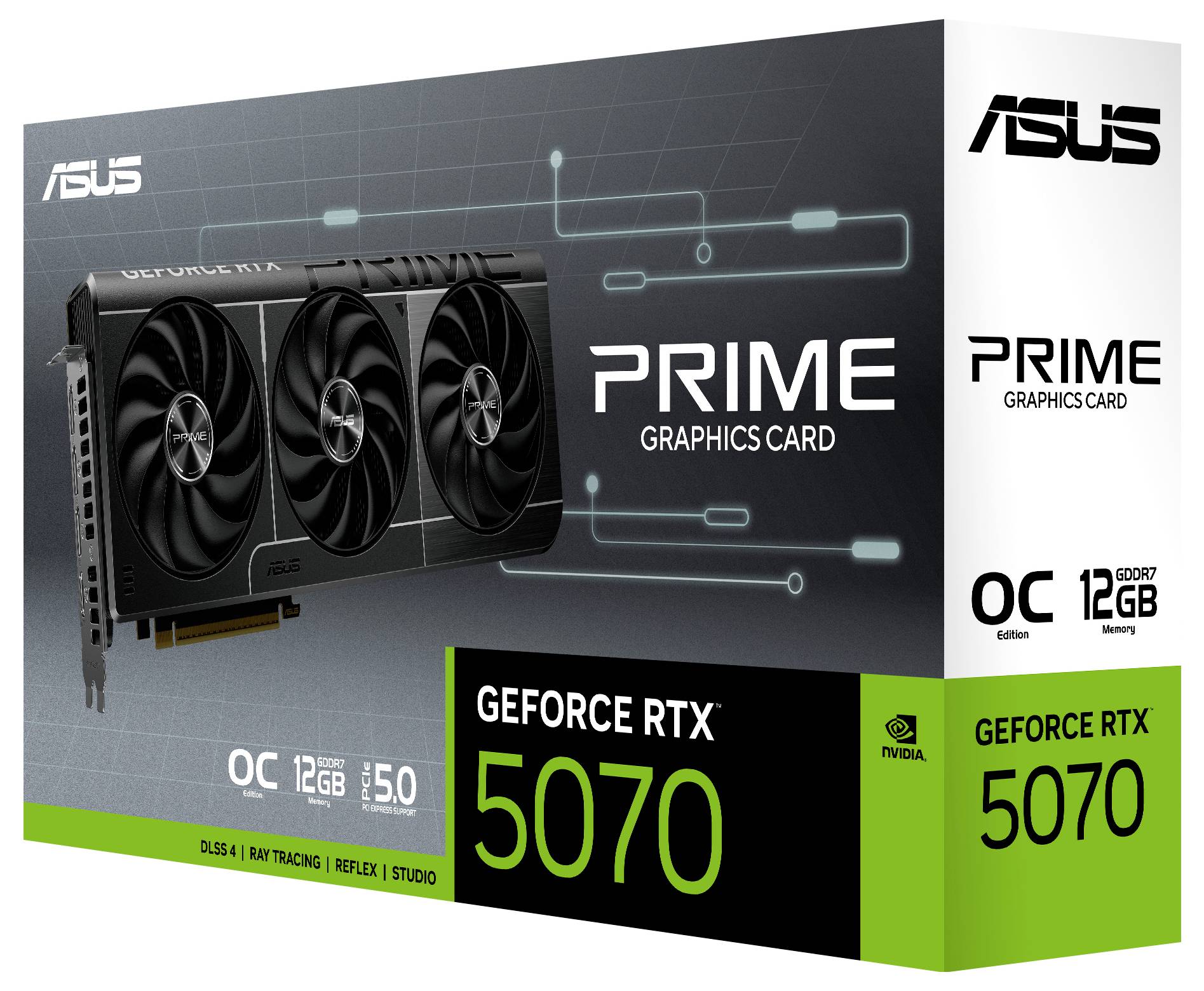 Eine ASUS GeForce RTX 5070 Prime Grafikkartenverpackung mit OC-Edition, 12 GB Speicher und Ray Tracing-Unterstützung.