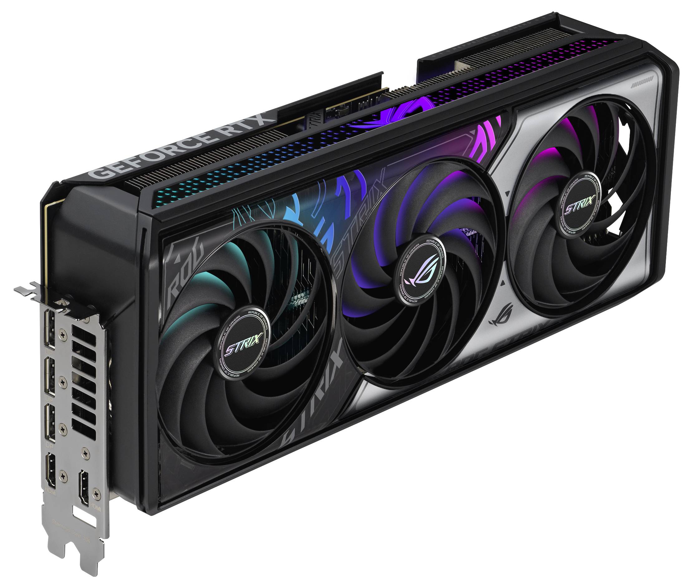 Grafikkarte mit drei Lüftern, Display-Ports und ROG-Logo, beleuchtet mit RGB-Leuchten.