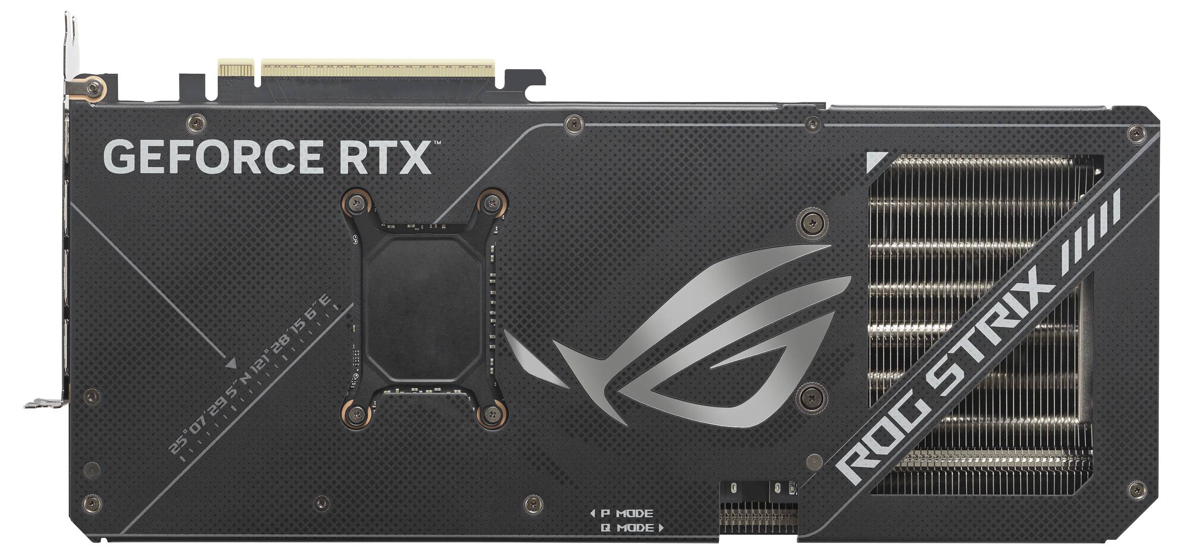 'Grafikkarte ASUS ROG Strix GeForce RTX', Rückseite mit Lüftungsschlitzen, Modellbeschriftungen und Logo sichtbar.