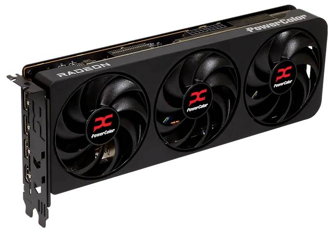 Eine Grafikkarte mit drei Kühlventilatoren, gekennzeichnet mit 'PowerColor' und 'RADEON', mit HDMI- und DisplayPort-Anschlüssen an der Seite.