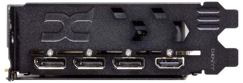 Die Rückseite einer Grafikkarte mit vier sichtbaren Displayports, entwickelt für den Anschluss mehrerer Monitore oder Bildschirme.