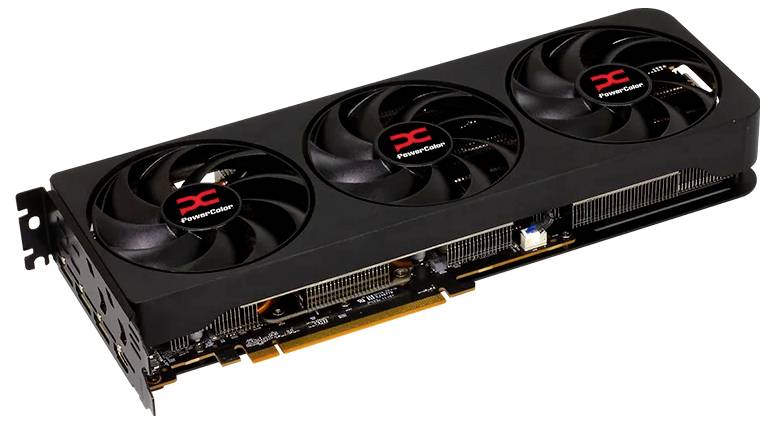Schwarze Grafikkarte mit drei Kühlventilatoren, beschriftet mit „PowerColor". Entwickelt zur Verbesserung der Grafikleistung von Computern.
