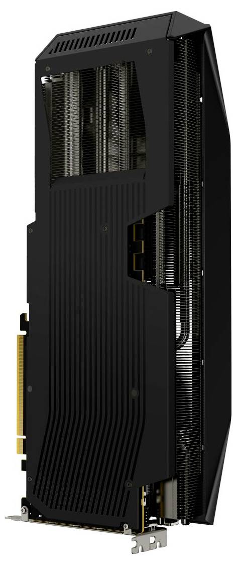 Eine große schwarze Grafikkarte mit auffälligen Kühlrippen und einer Dual-Slot-PCIe-Schnittstelle, entwickelt für hochleistungsfähige Videoausgabe.