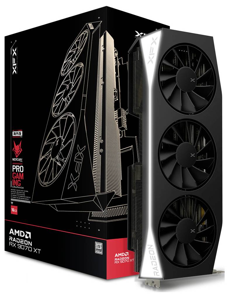 Eine schwarze XFX AMD Radeon RX 6700 XT Grafikkarte mit drei Lüftern liegt neben ihrer Verpackung, die eine rot-schwarze "Pro Gaming" Branding trägt.