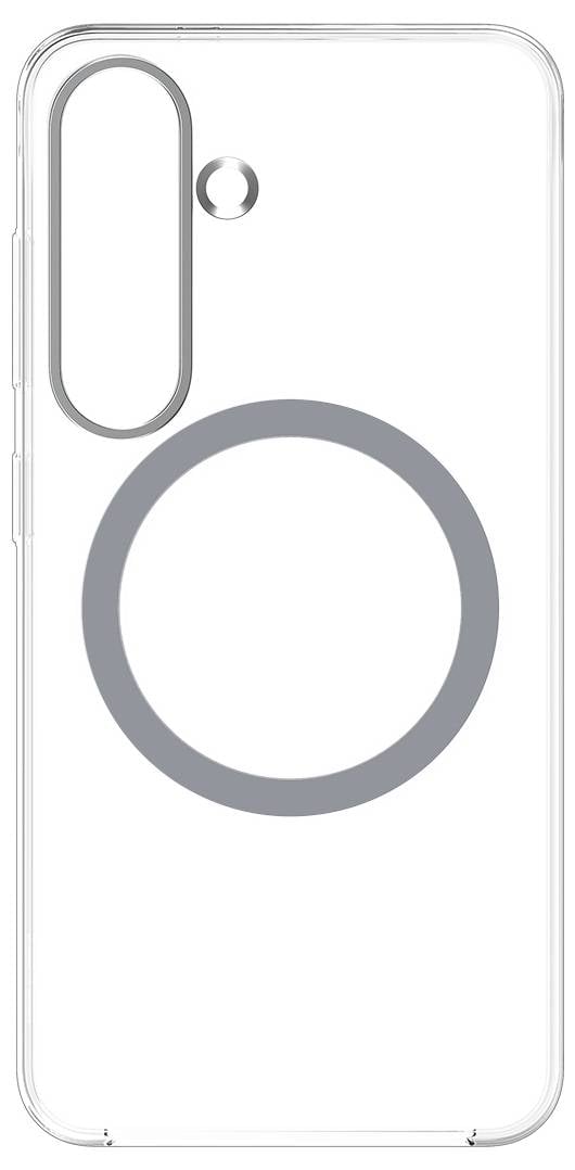 Transparente Handyhülle mit einem großen Kreis in der Mitte und einem kleinen ovalen Ausschnitt oben links für Kamera und Blitz.