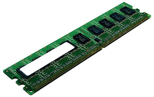 RAM-Speicherchip auf grüner Leiterplatte mit mehreren schwarzen Speicherchips. Dient zur Speicherung von Daten in Computern.