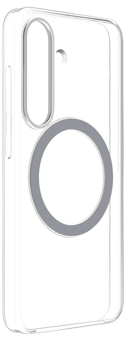 Transparente Smartphone-Hülle mit kreisförmigem Magnetring im Inneren, passend für Modelle mit zwei vertikalen Kameraausschnitten.